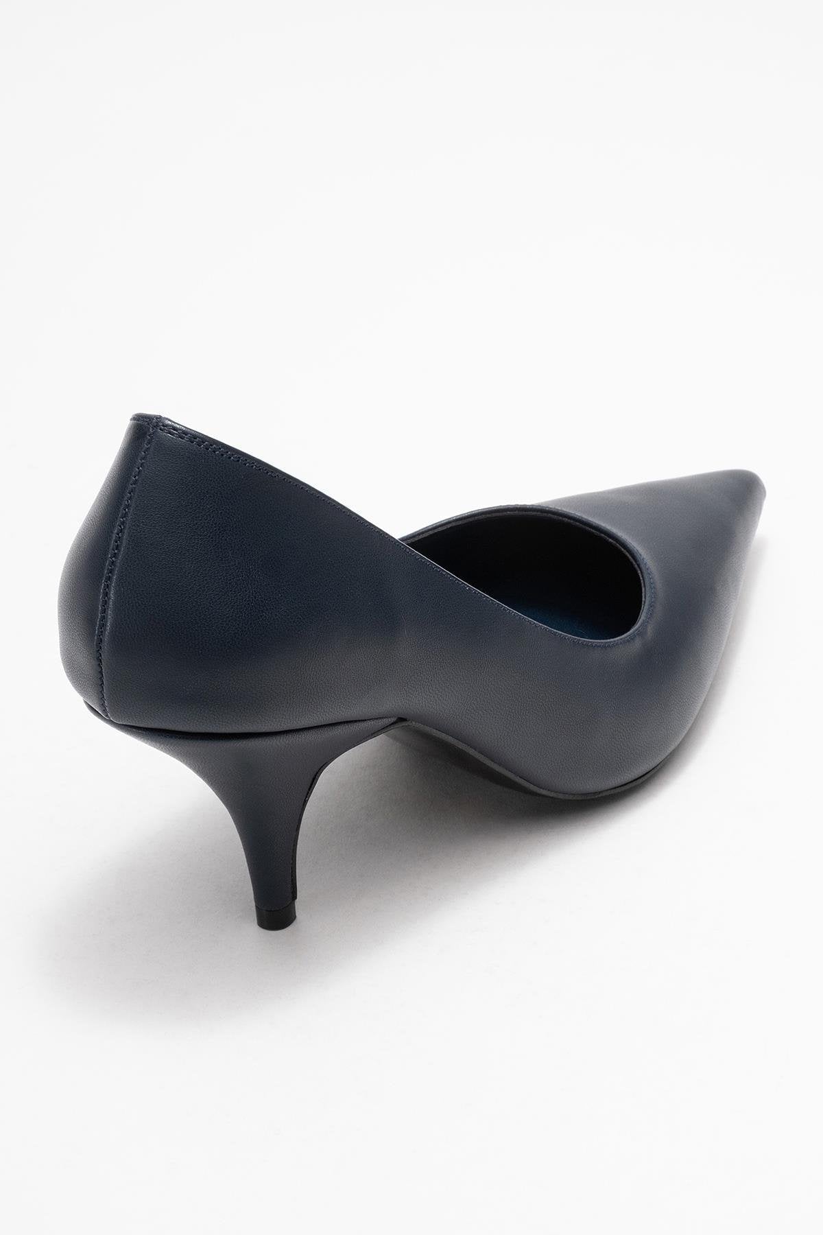 Marcus - Navy Heeled Pump – back view showing leather, SimmiUnique