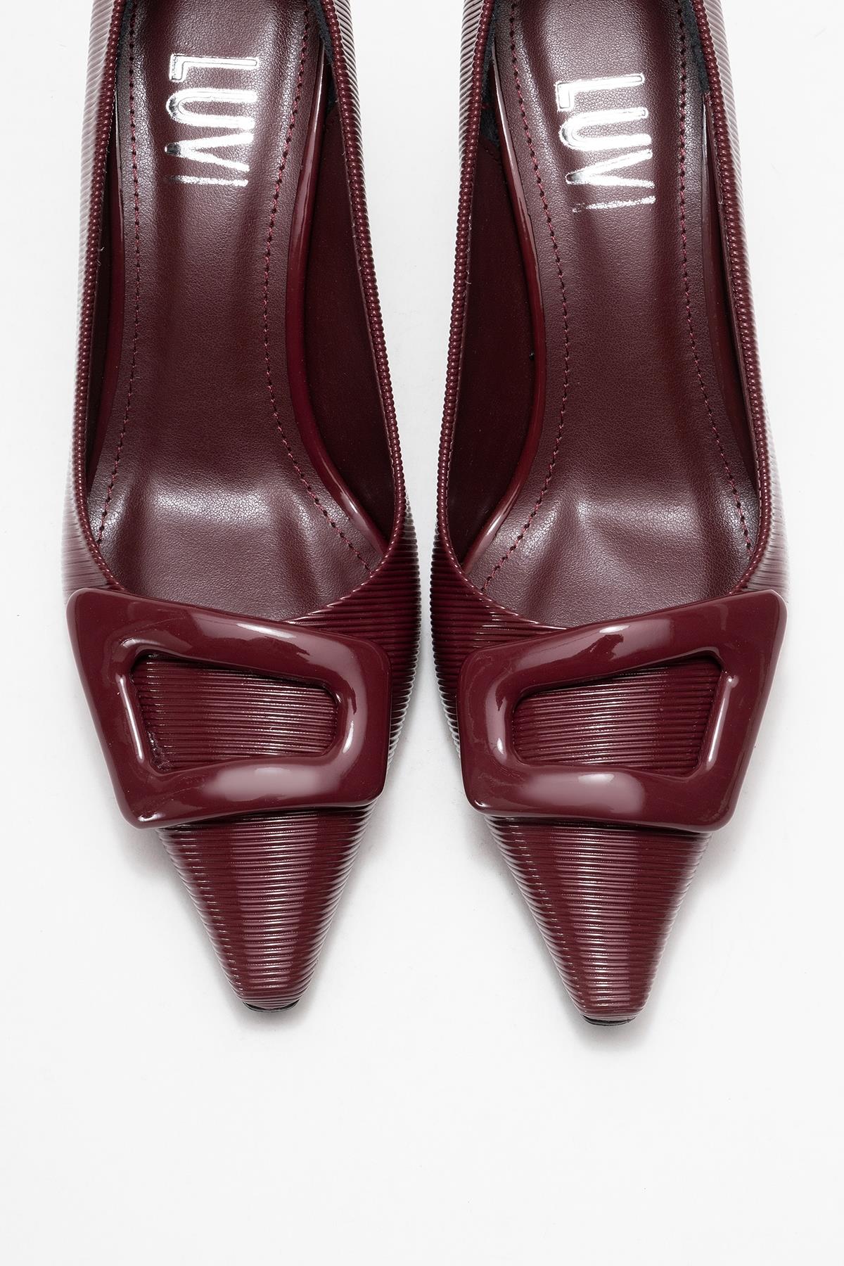 Astra - Burgundy Striped Buckle Heeled Pump – side view showing leather, SimmiUnique