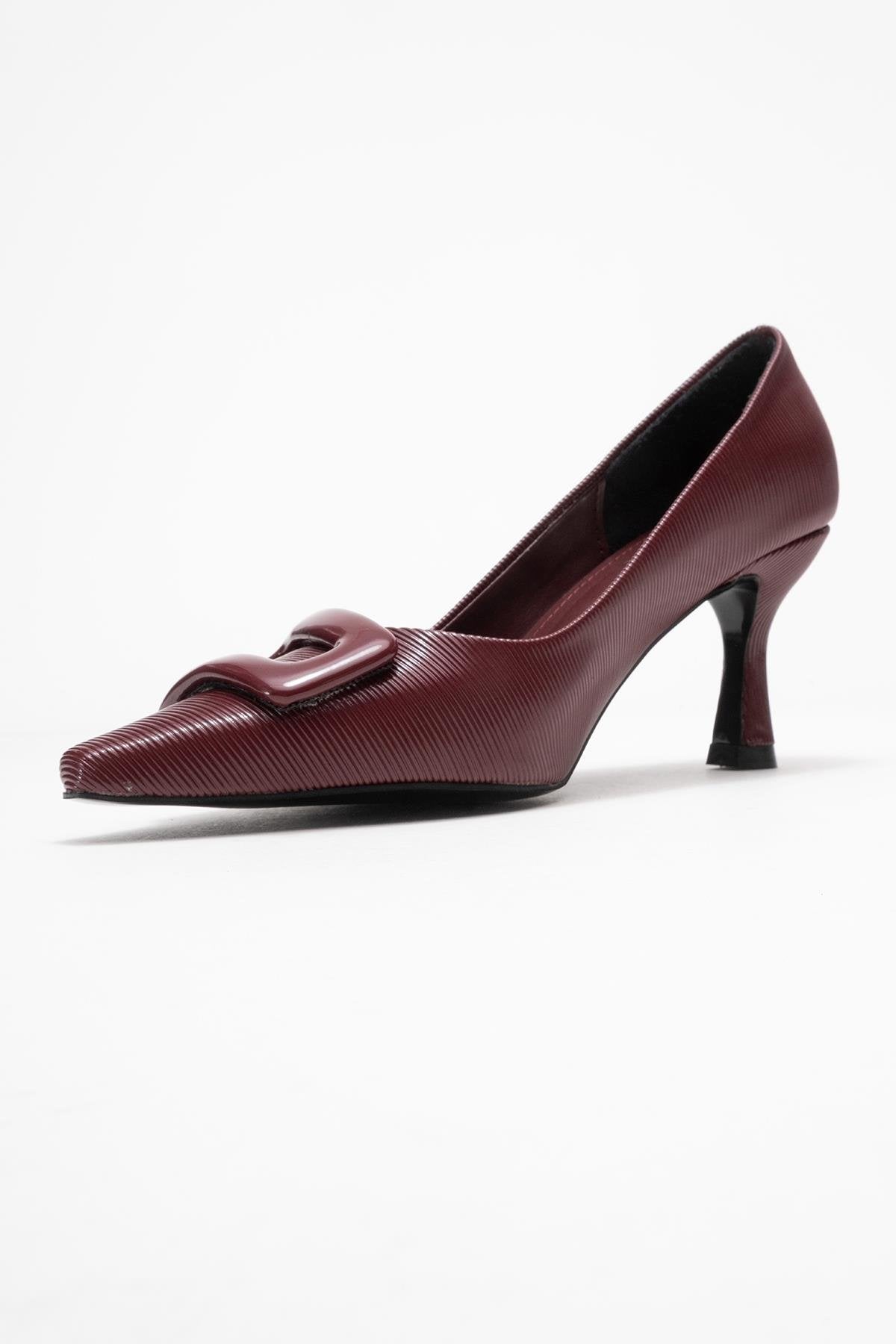 Astra - Burgundy Striped Buckle Heeled Pump – heel view showing leather, SimmiUnique