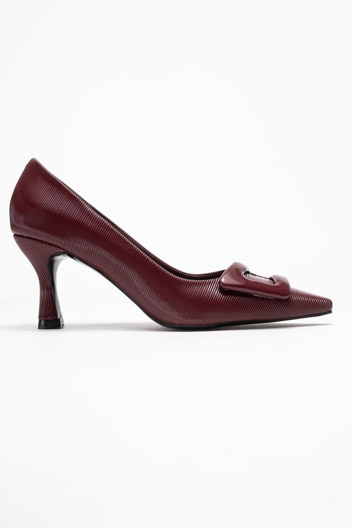 Astra - Burgundy Striped Buckle Heeled Pump – top view showing leather, SimmiUnique