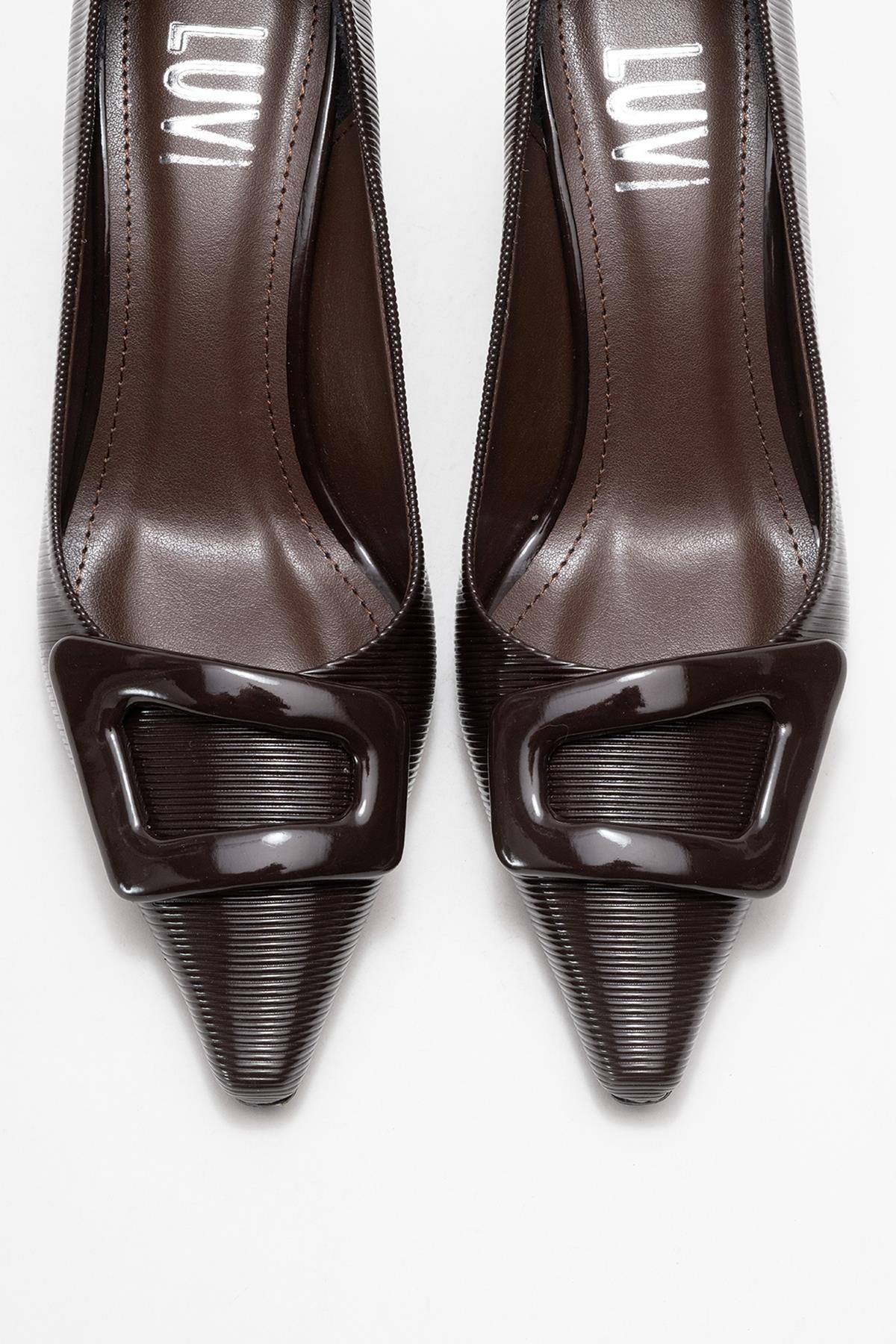 Astra - Brown Striped Buckle Heeled Pump – side view showing leather, SimmiUnique
