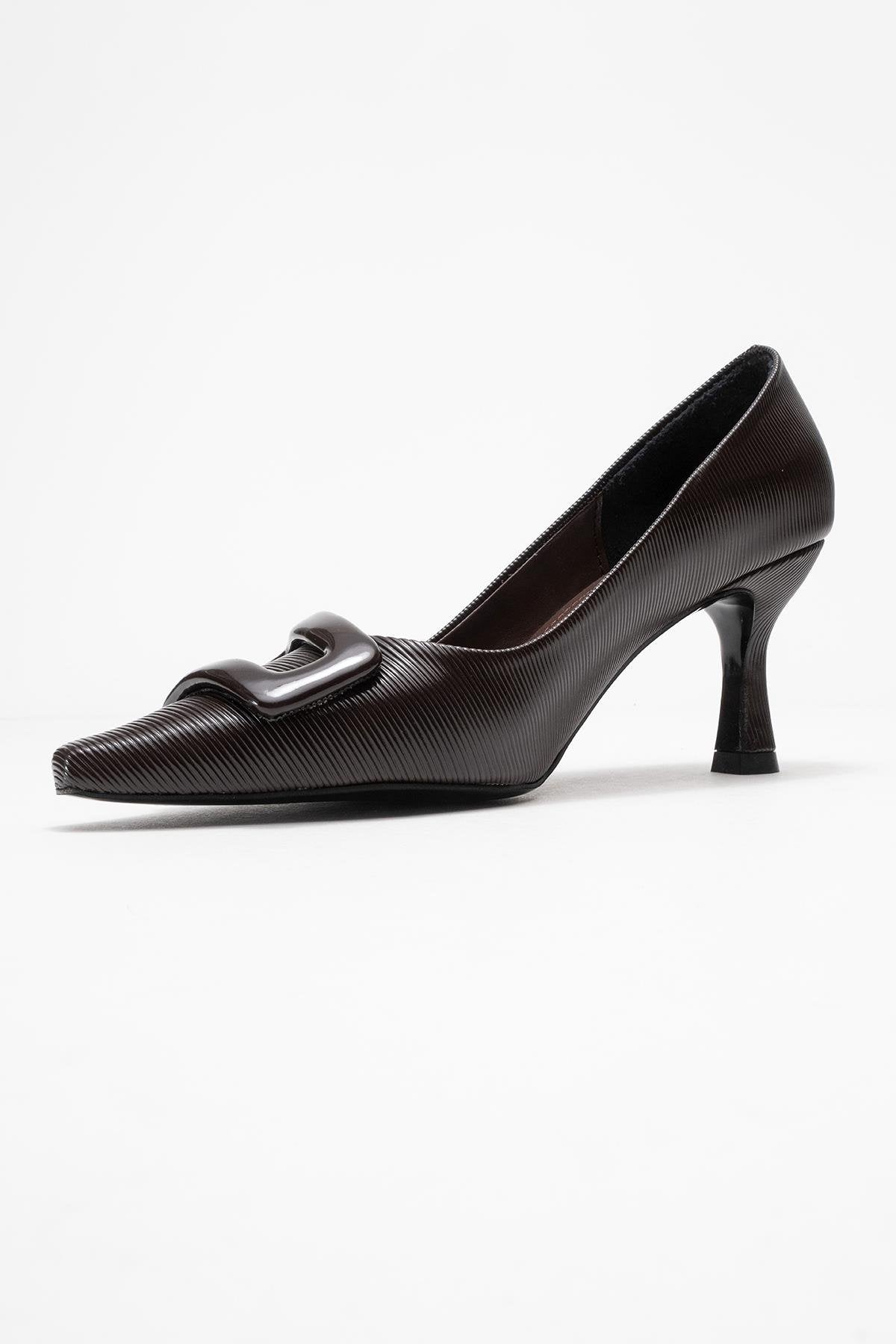 Astra - Brown Striped Buckle Heeled Pump – heel view showing leather, SimmiUnique