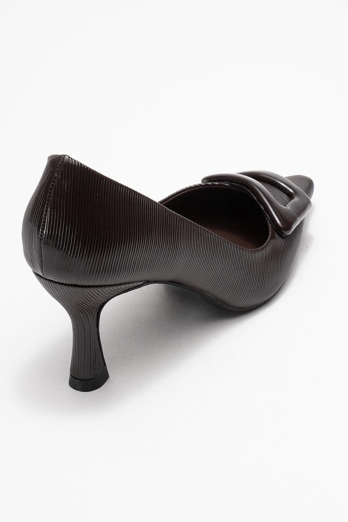 Astra - Brown Striped Buckle Heeled Pump – back view showing leather, SimmiUnique