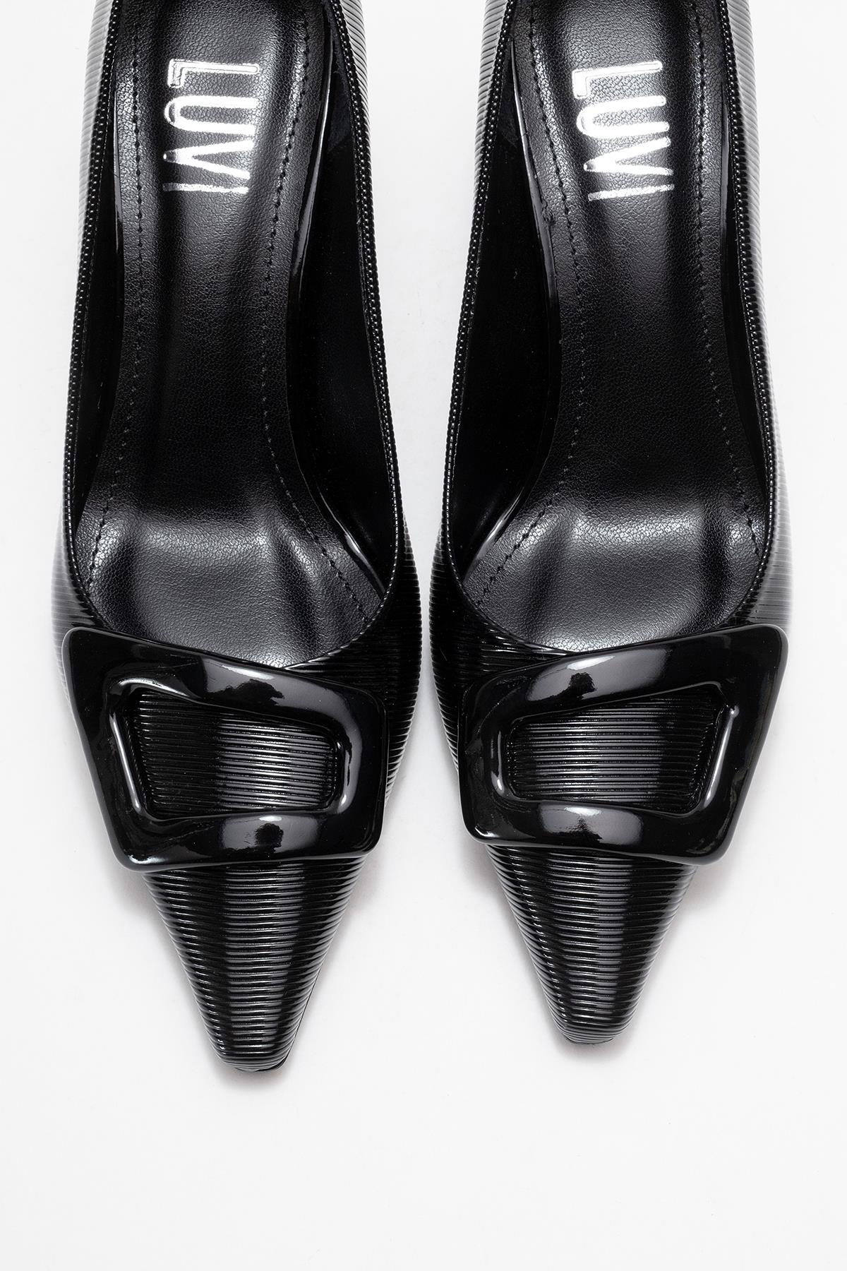 Astra - Black Striped Buckle Stiletto Heeled Shoe – side view showing leather, black, SimmiUnique