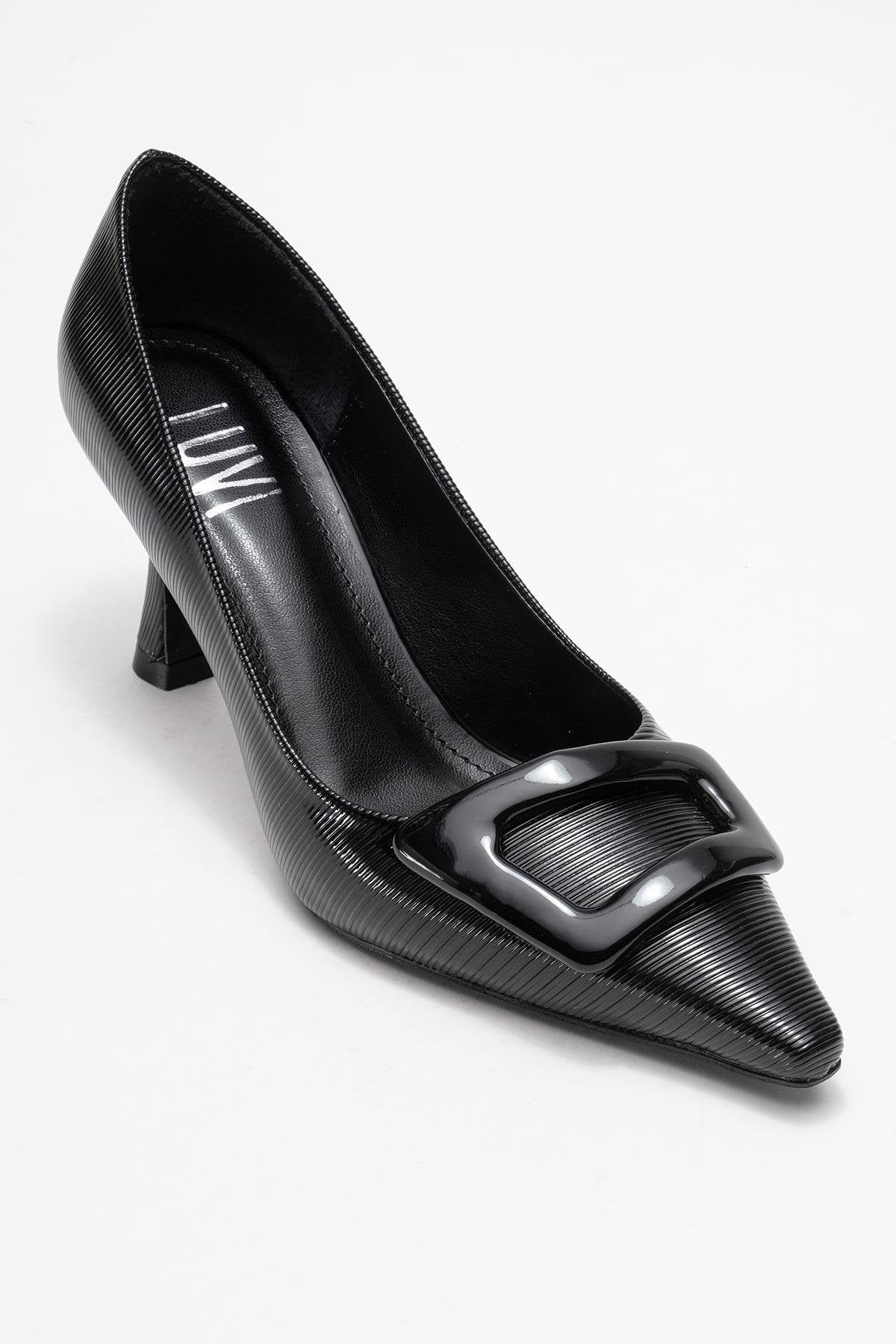 Astra - Black Striped Buckle Stiletto Heeled Shoe – detail view showing leather, black, SimmiUnique