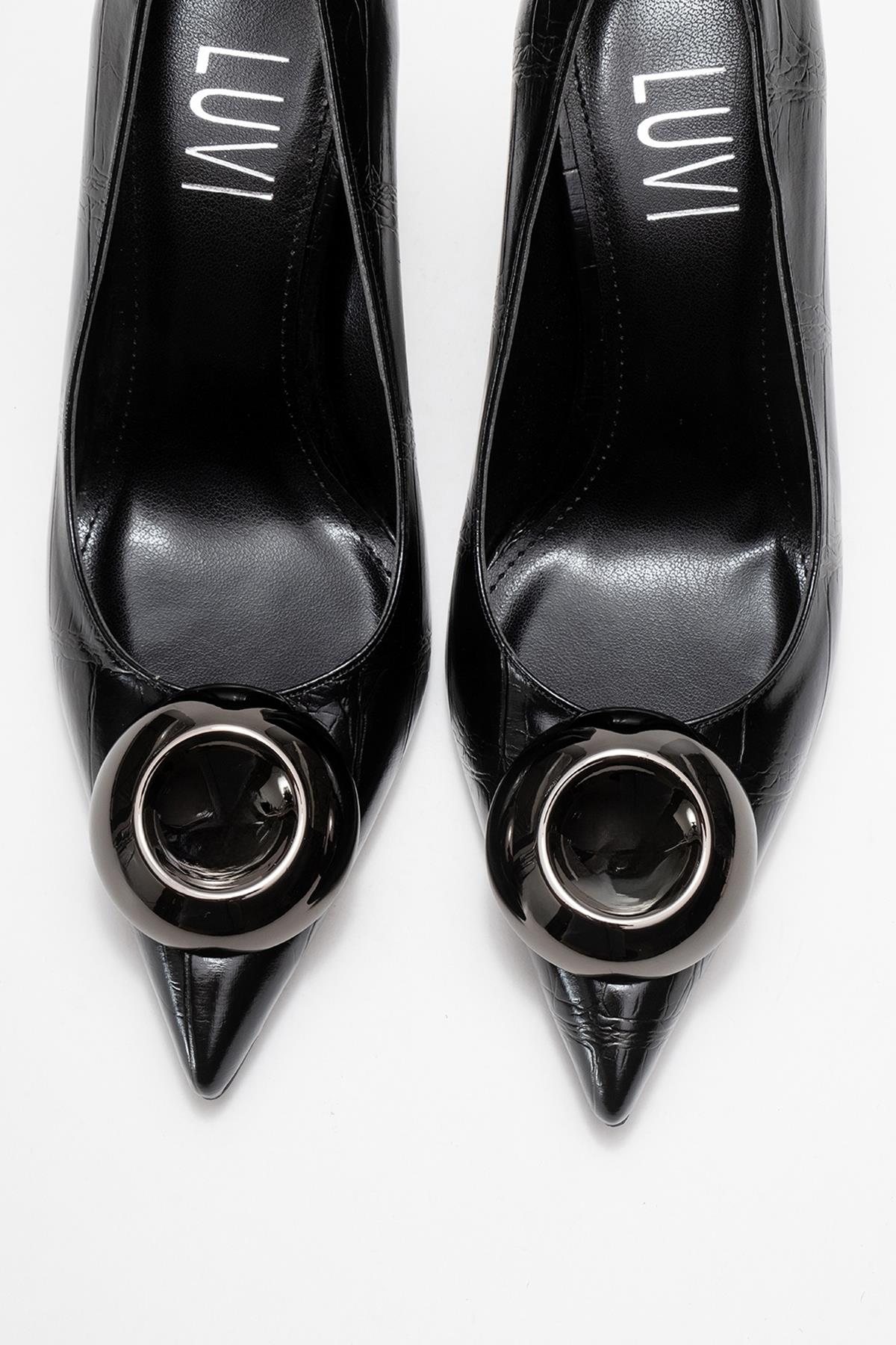 Jordana - Black Printed Platinum Buckle Stiletto Heeled Shoe – side view showing leather, black, SimmiUnique