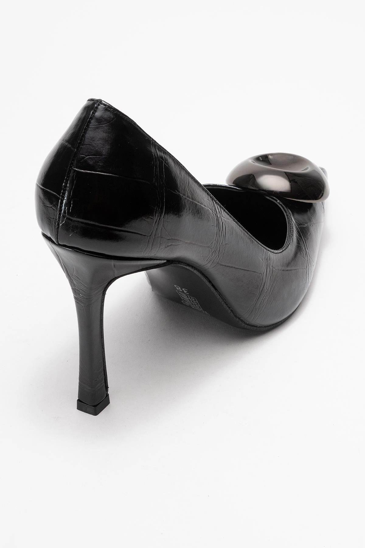 Jordana - Black Printed Platinum Buckle Stiletto Heeled Shoe – back view showing leather, black, SimmiUnique