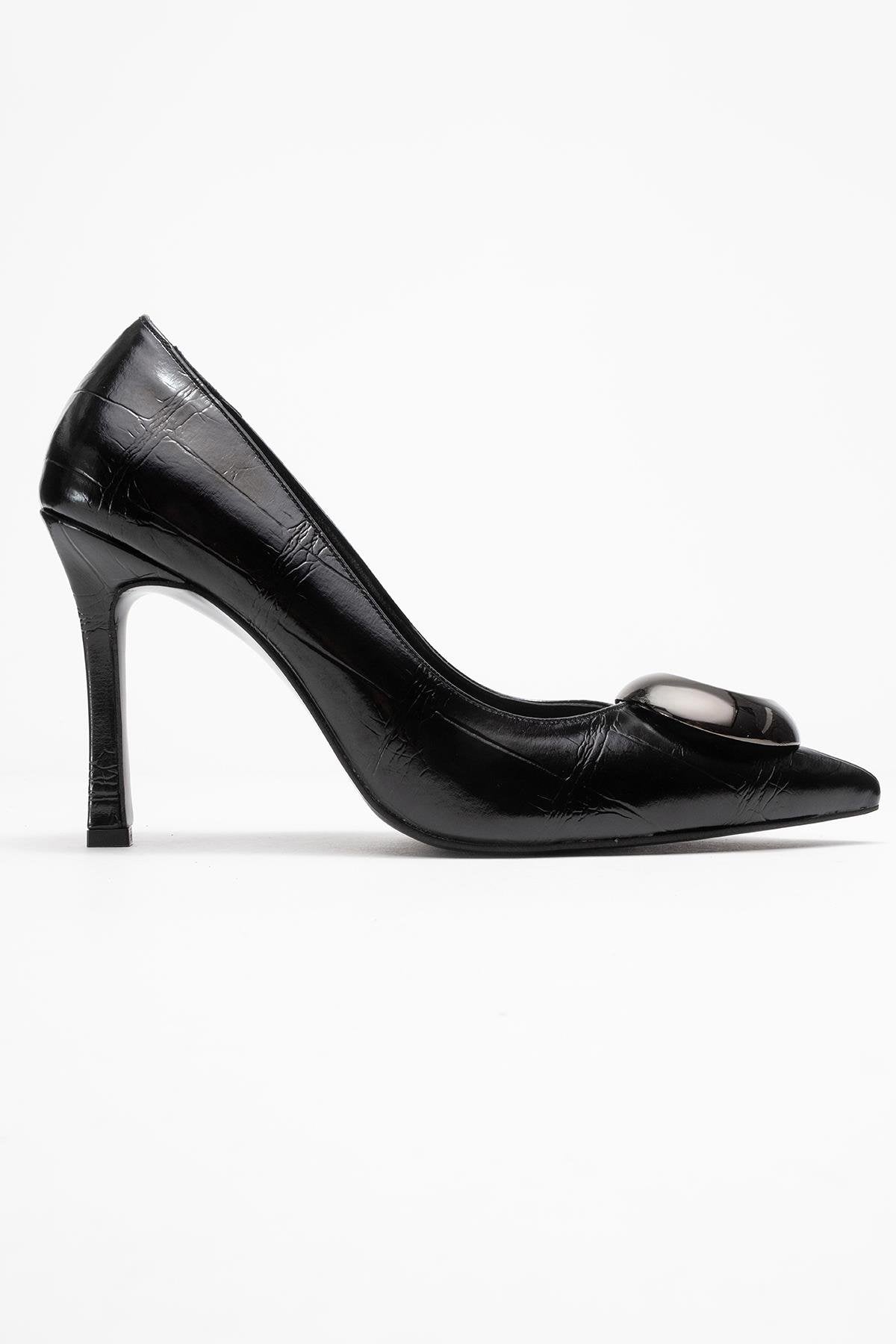 Jordana - Black Printed Platinum Buckle Stiletto Heeled Shoe – top view showing leather, black, SimmiUnique