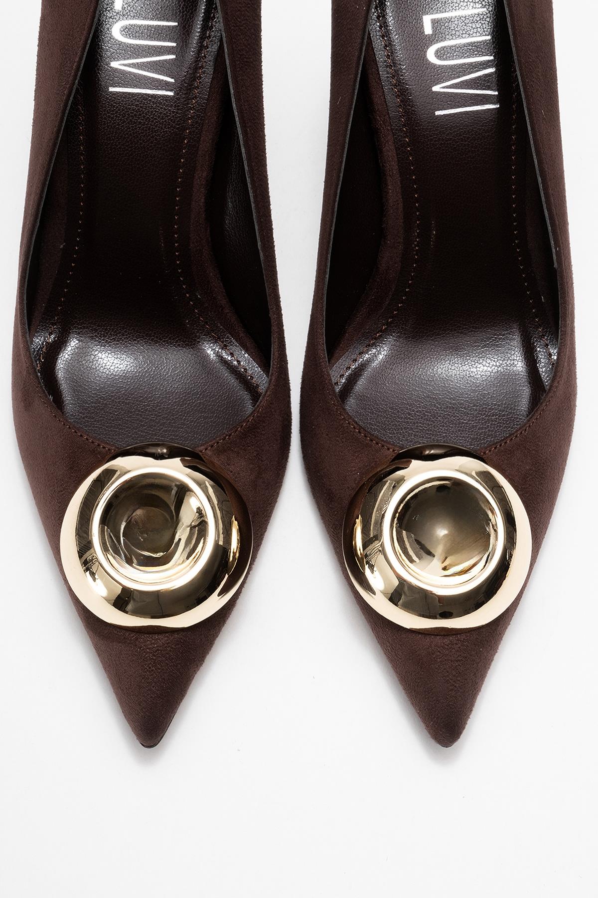 Jordana - Brown Suede Gold Buckle Stiletto Heeled Shoe – side view showing leather, suede, metallic, SimmiUnique