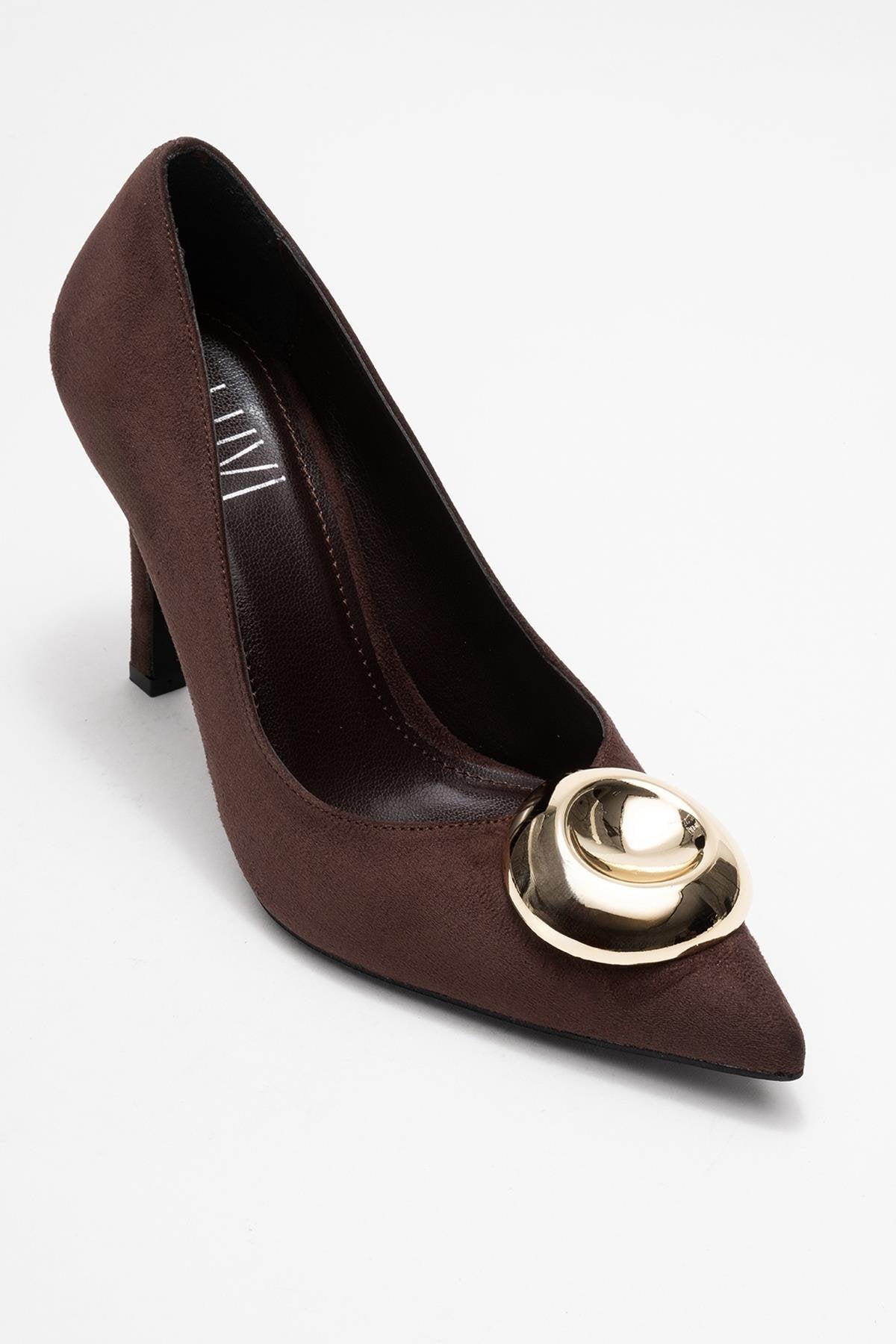 Jordana - Brown Suede Gold Buckle Stiletto Heeled Shoe – detail view showing leather, suede, metallic, SimmiUnique
