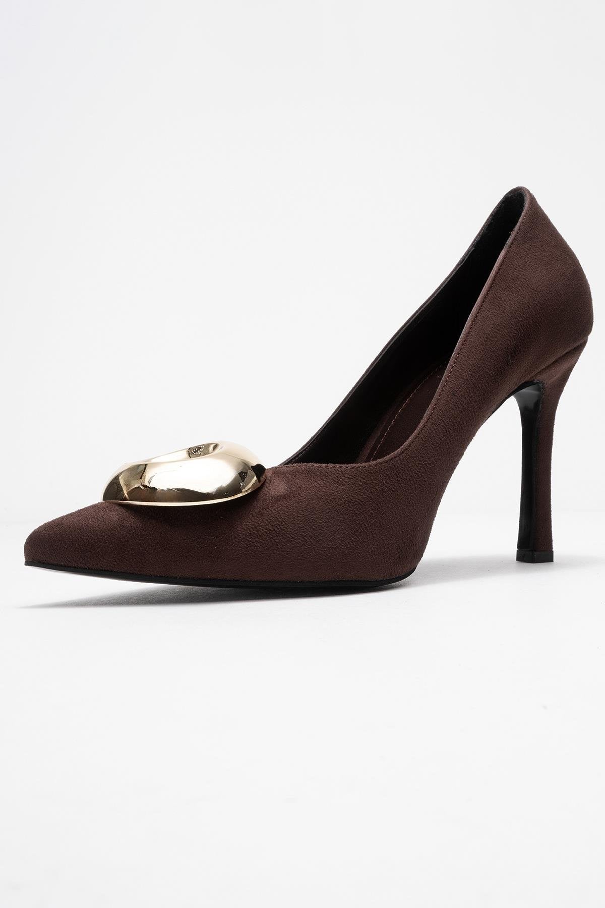 Jordana - Brown Suede Gold Buckle Stiletto Heeled Shoe – heel view showing leather, suede, metallic, SimmiUnique