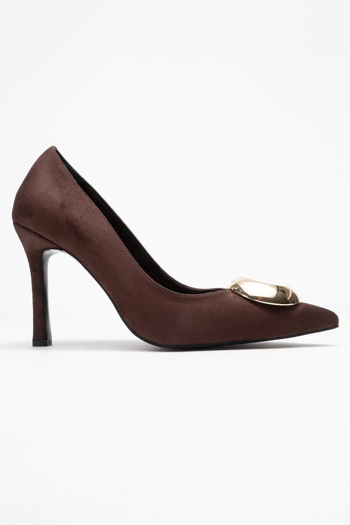 Jordana - Brown Suede Gold Buckle Stiletto Heeled Shoe – top view showing leather, suede, metallic, SimmiUnique