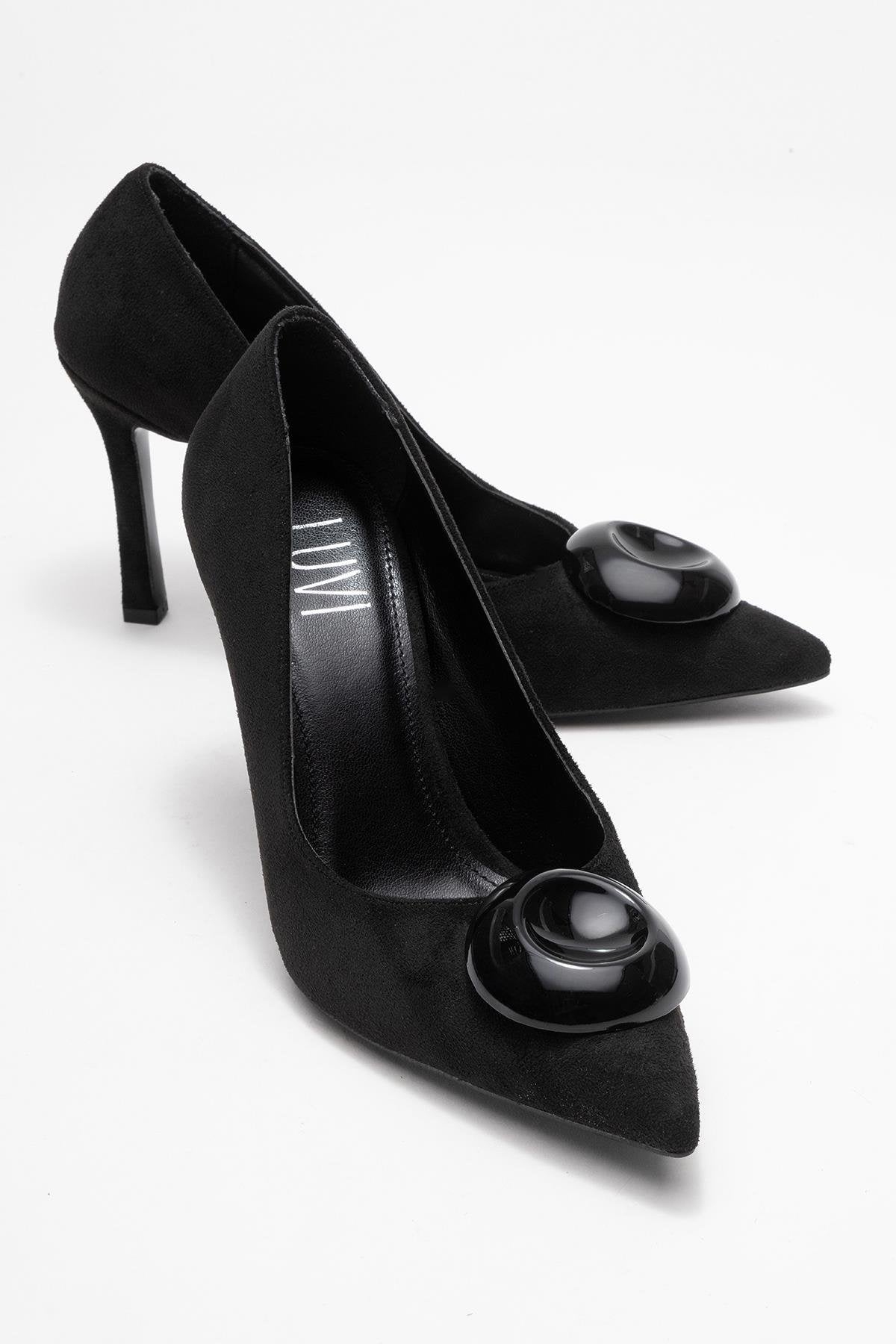 Jordana - Black Suede Buckle Stiletto Heeled Shoe – front three-quarter view showing leather, suede, black, SimmiUnique