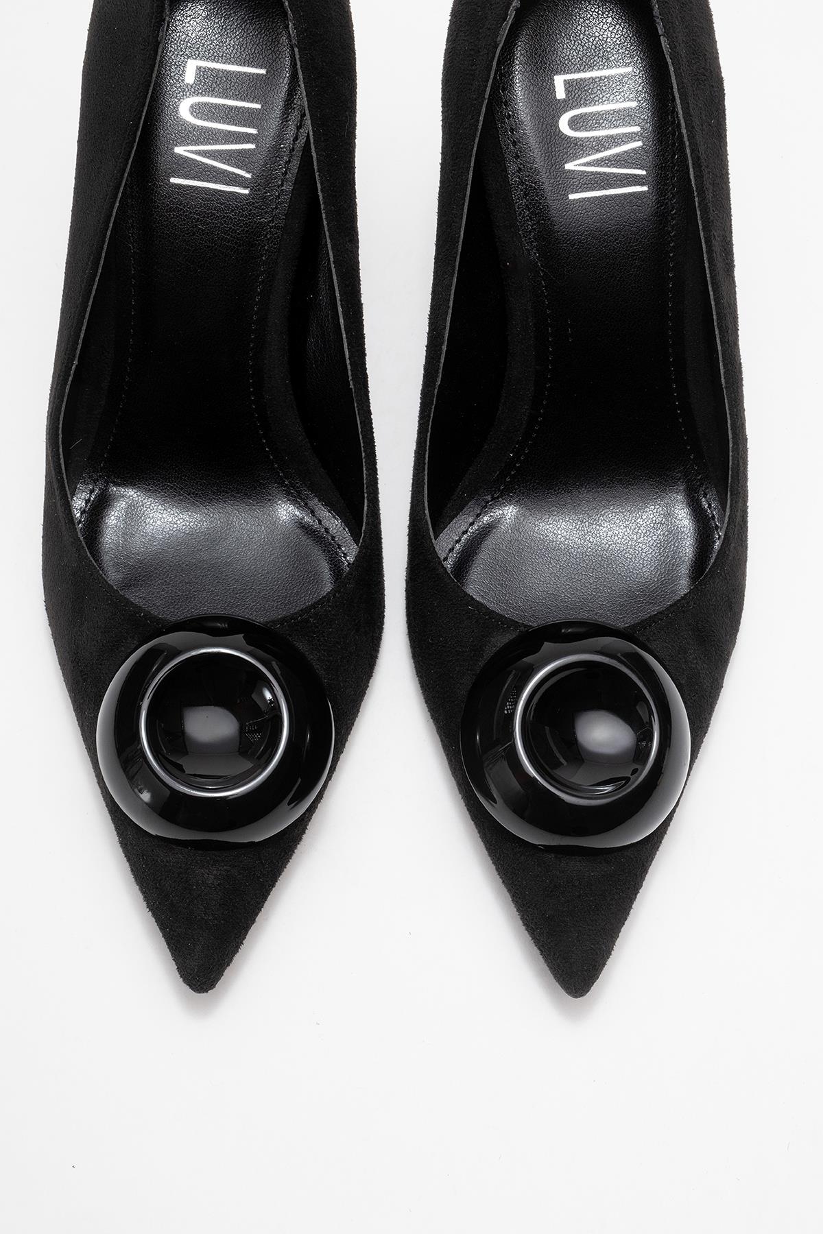 Jordana - Black Suede Buckle Stiletto Heeled Shoe – side view showing leather, suede, black, SimmiUnique