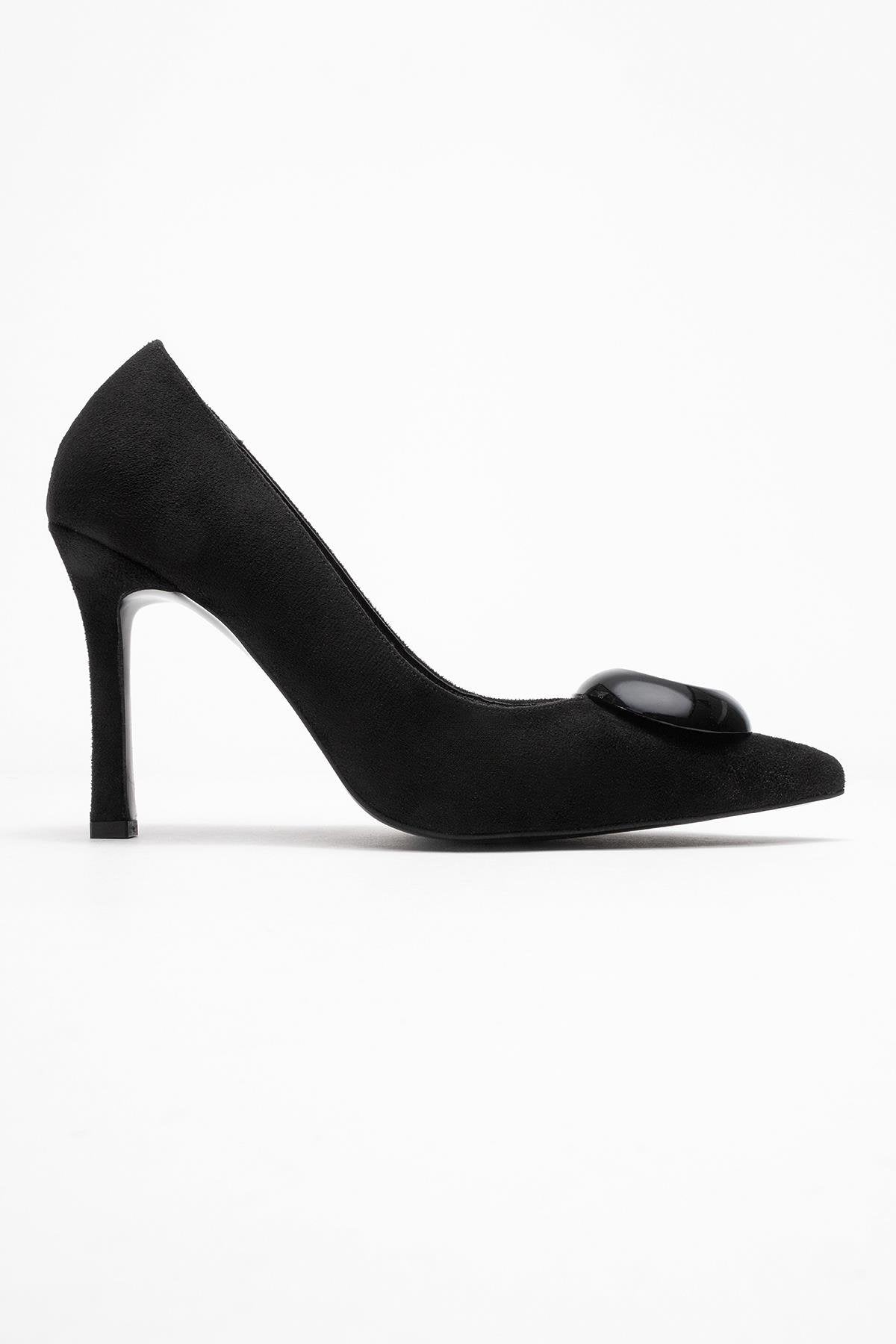 Jordana - Black Suede Buckle Stiletto Heeled Shoe – top view showing leather, suede, black, SimmiUnique
