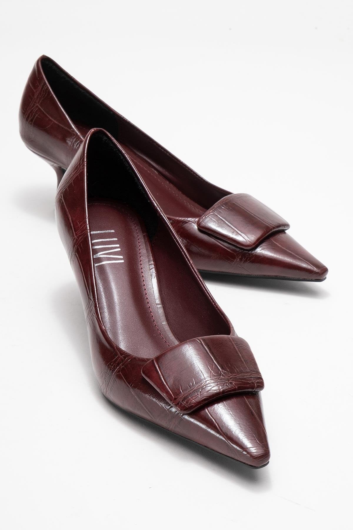 Marcia - Burgundy Printed Buckle Stiletto Heeled Shoe – front three-quarter view showing leather, SimmiUnique