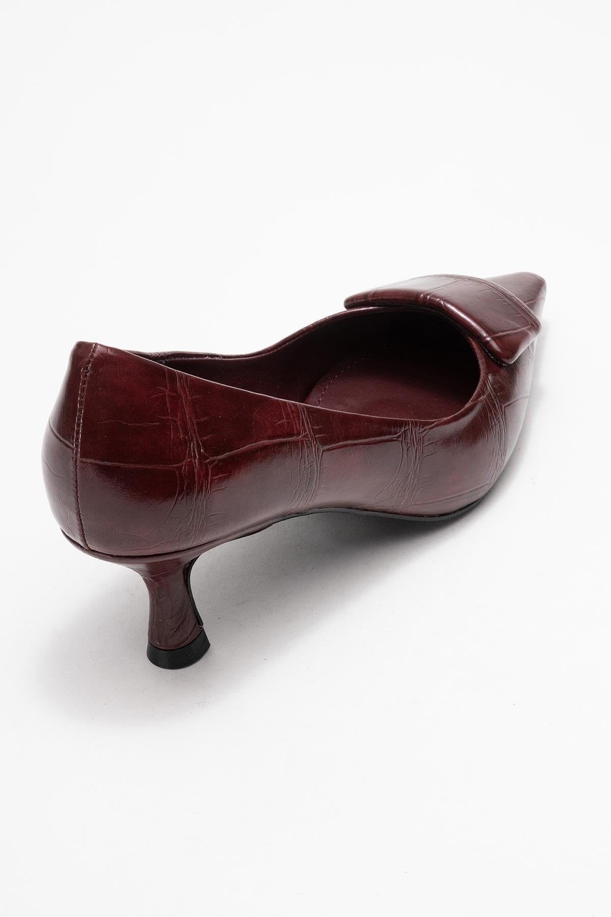 Marcia - Burgundy Printed Buckle Stiletto Heeled Shoe – back view showing leather, SimmiUnique