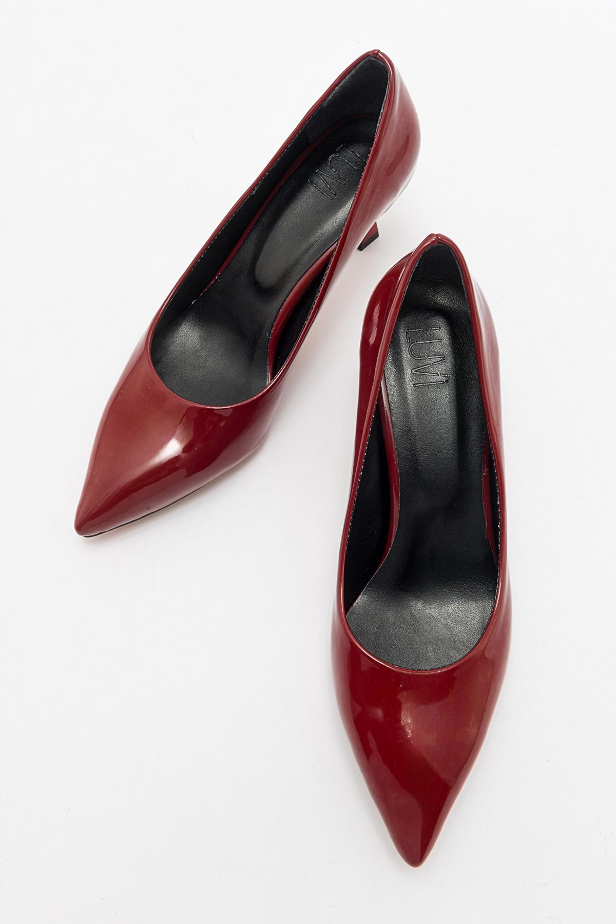 Pedra - Burgundy Patent Heeled Shoe – side view showing leather, SimmiUnique