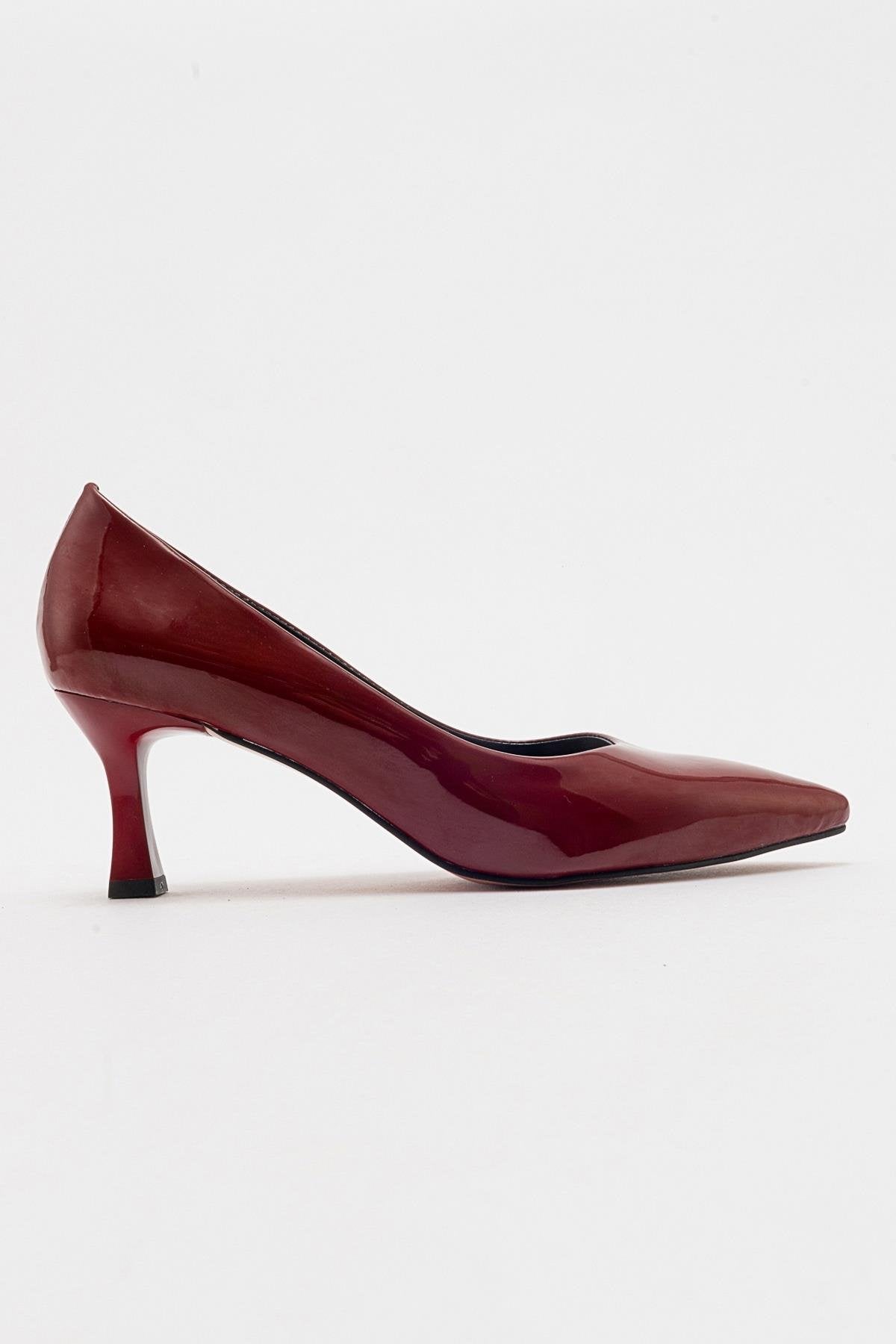 Pedra - Burgundy Patent Heeled Shoe – top view showing leather, SimmiUnique