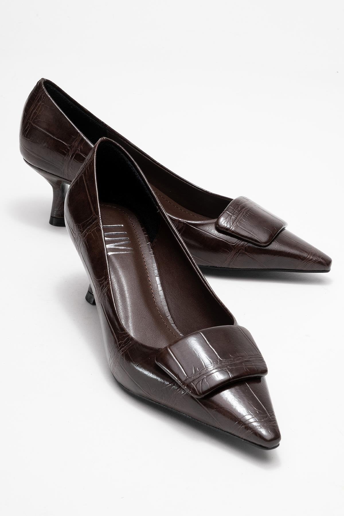 Marcia - Brown Embossed Buckle Stiletto Heel Shoe – front three-quarter view showing leather, red, SimmiUnique
