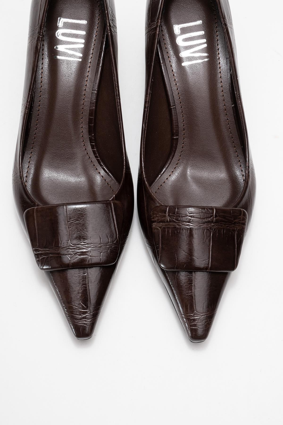 Marcia - Brown Embossed Buckle Stiletto Heel Shoe – side view showing leather, red, SimmiUnique