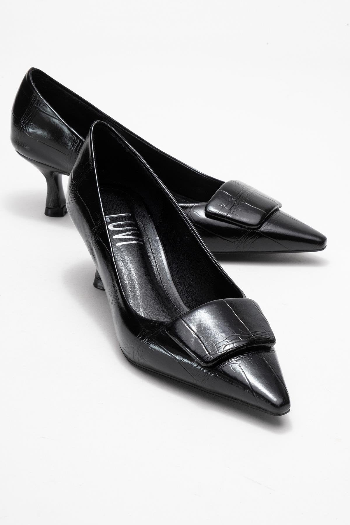 Marcia - Black Embossed Buckle Stiletto Heel Shoe – front three-quarter view showing leather, black, SimmiUnique