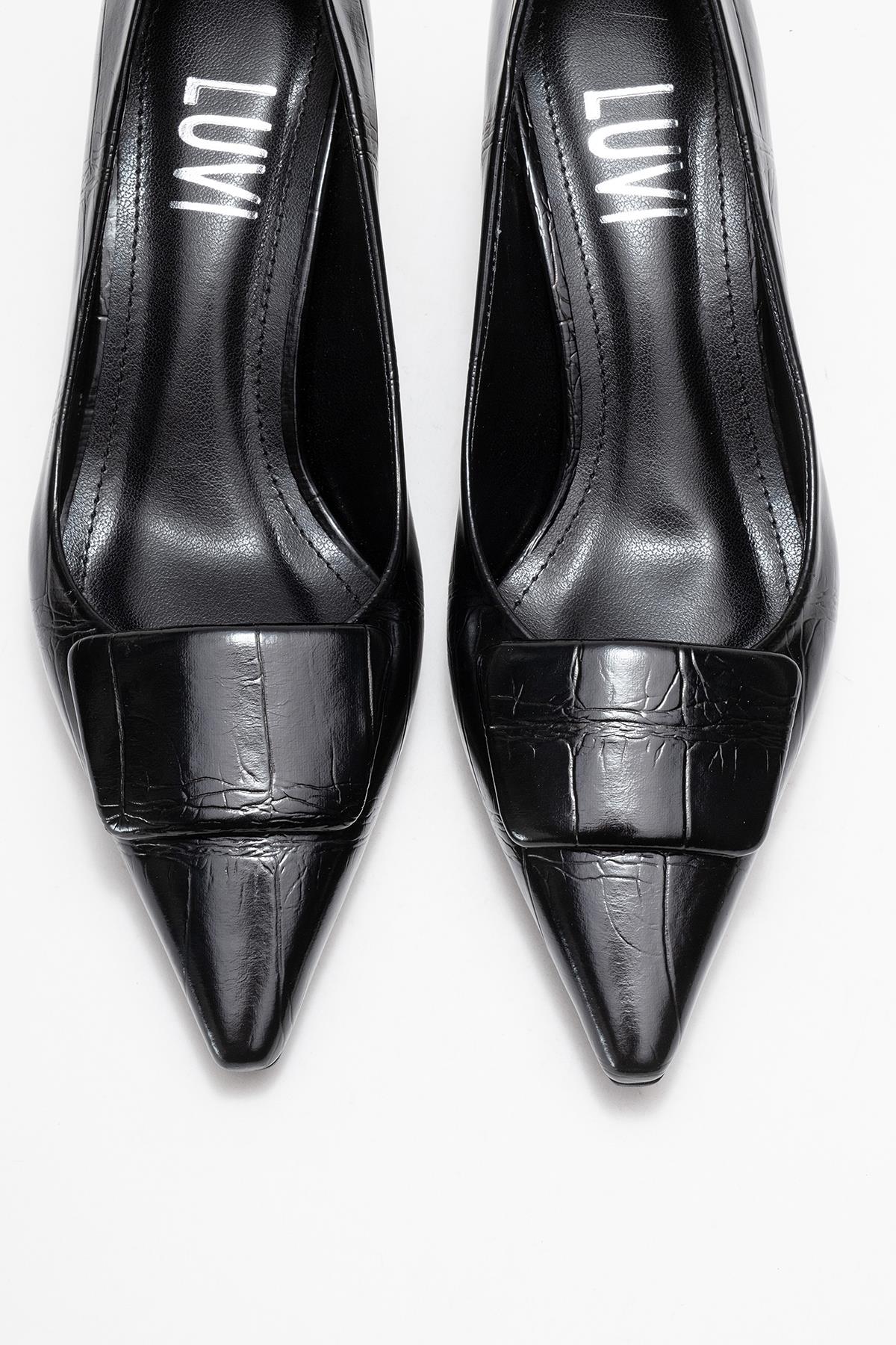 Marcia - Black Embossed Buckle Stiletto Heel Shoe – side view showing leather, black, SimmiUnique