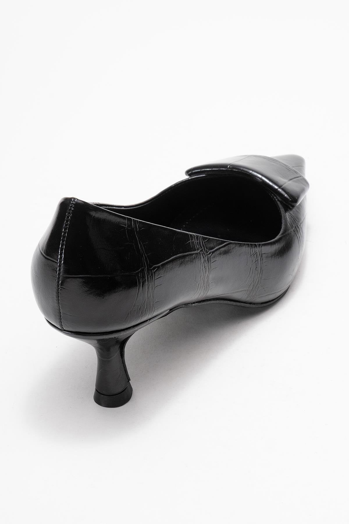 Marcia - Black Embossed Buckle Stiletto Heel Shoe – back view showing leather, black, SimmiUnique
