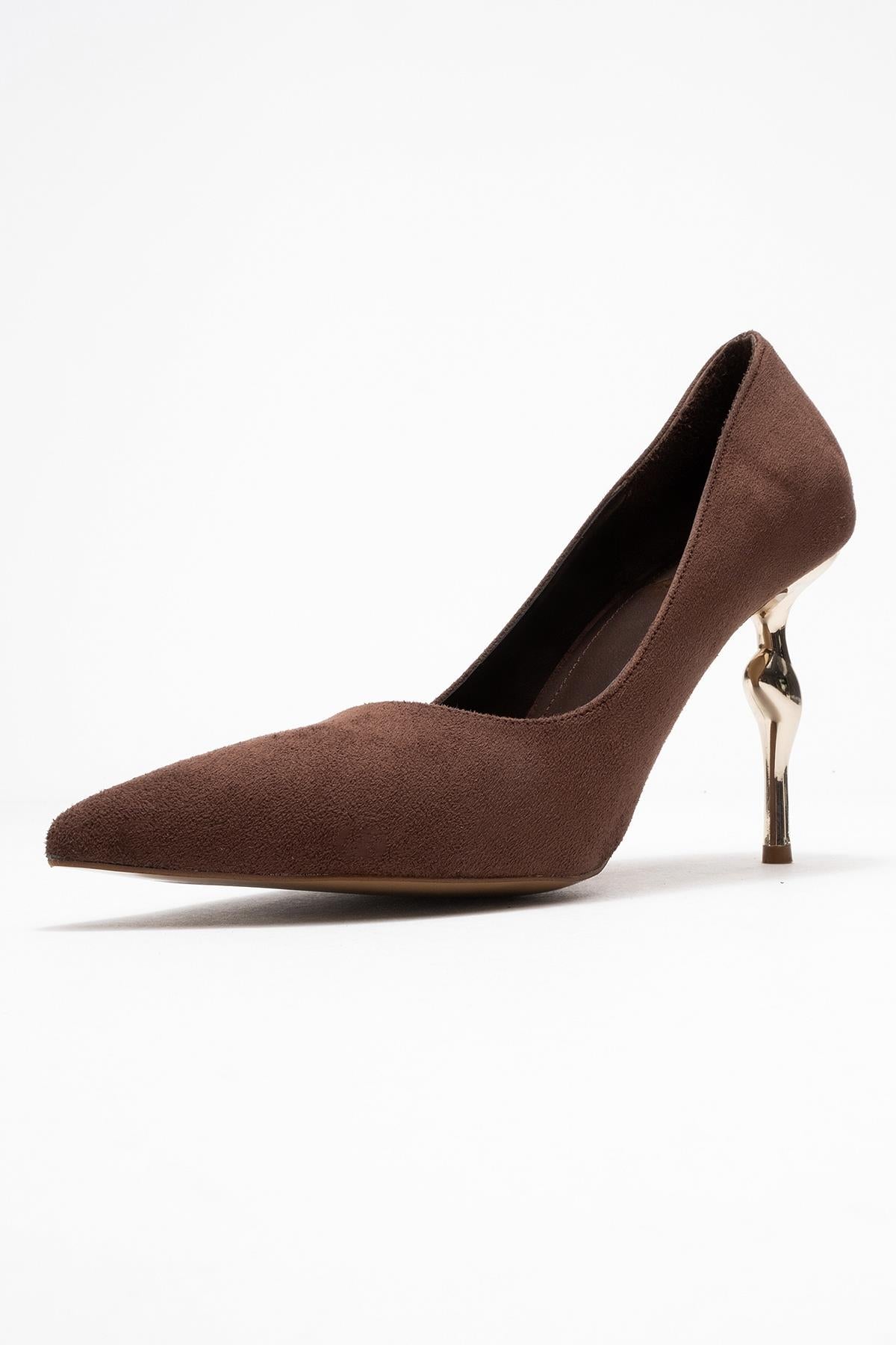 Hudson - Brown Heeled Shoe – heel view showing leather, suede, SimmiUnique