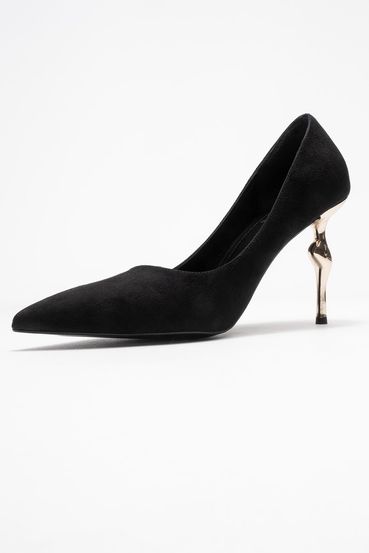Hudson - Black Heeled Shoe – back view showing leather, suede, metallic, SimmiUnique