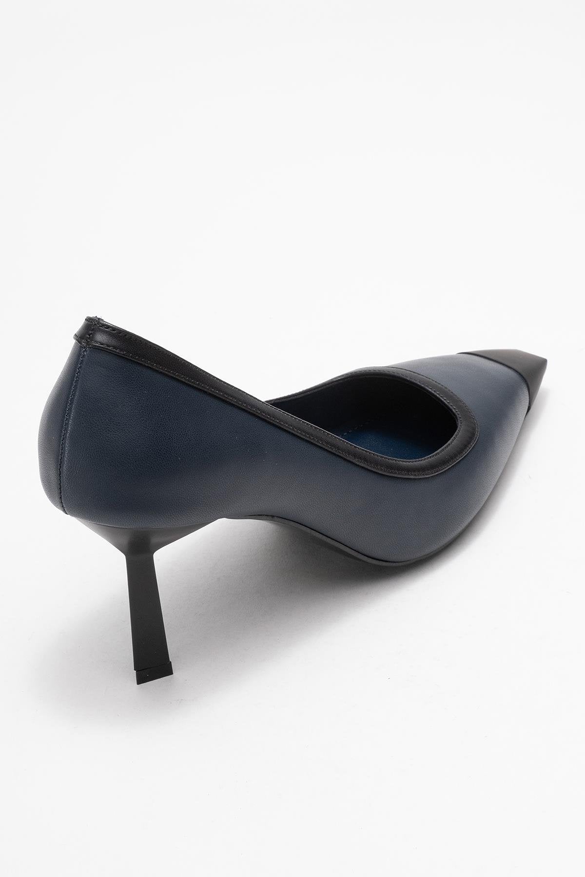 Rona - Navy Matte Toe Heeled Shoe – back view showing leather, SimmiUnique