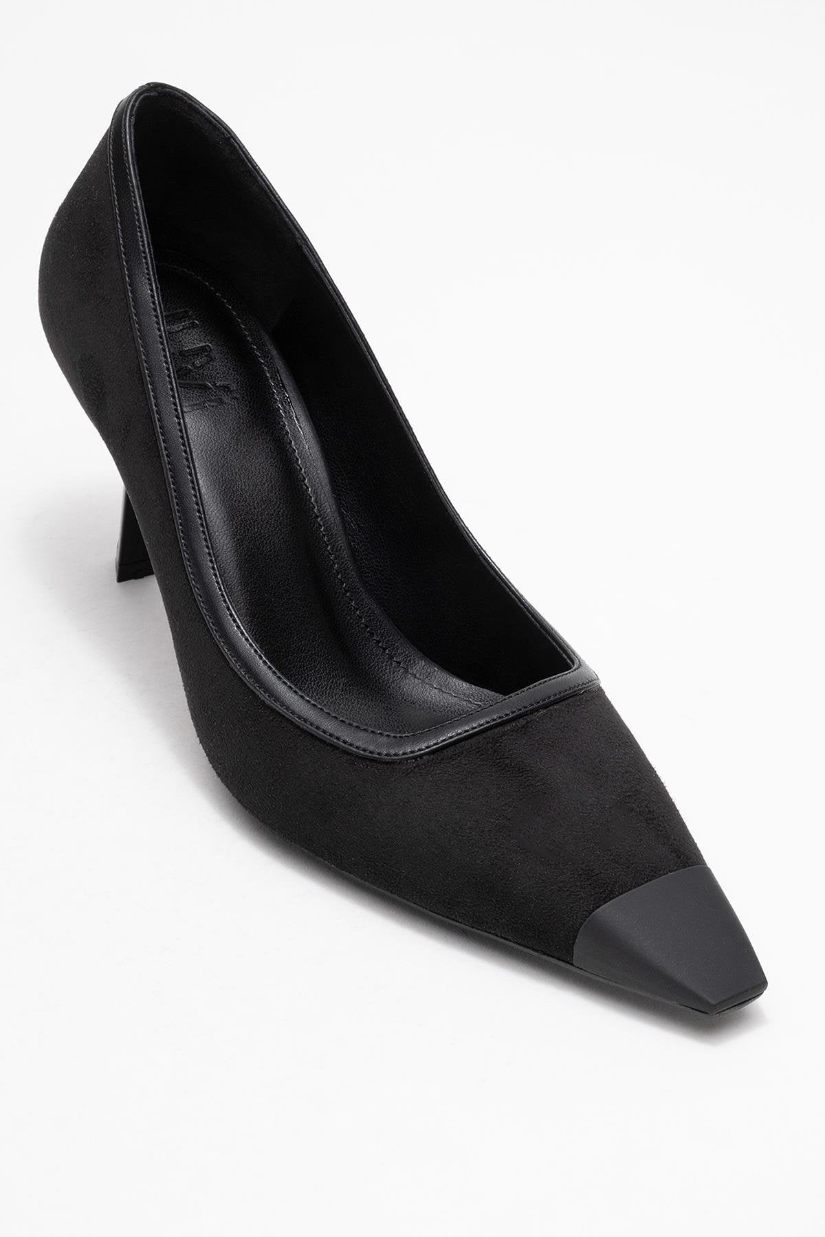 Rona - Black Matte Toe Heeled Shoe – detail view showing leather, suede, black, SimmiUnique