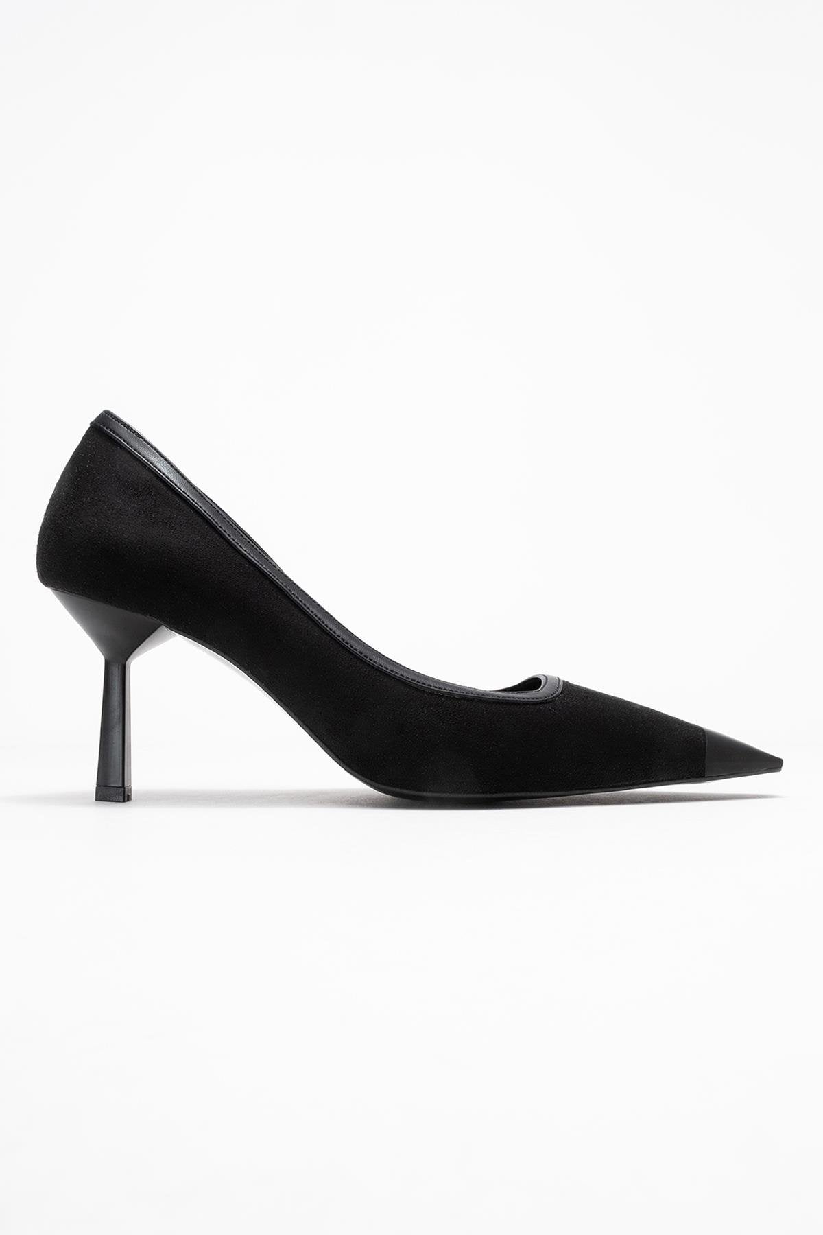 Rona - Black Matte Toe Heeled Shoe – top view showing leather, suede, black, SimmiUnique