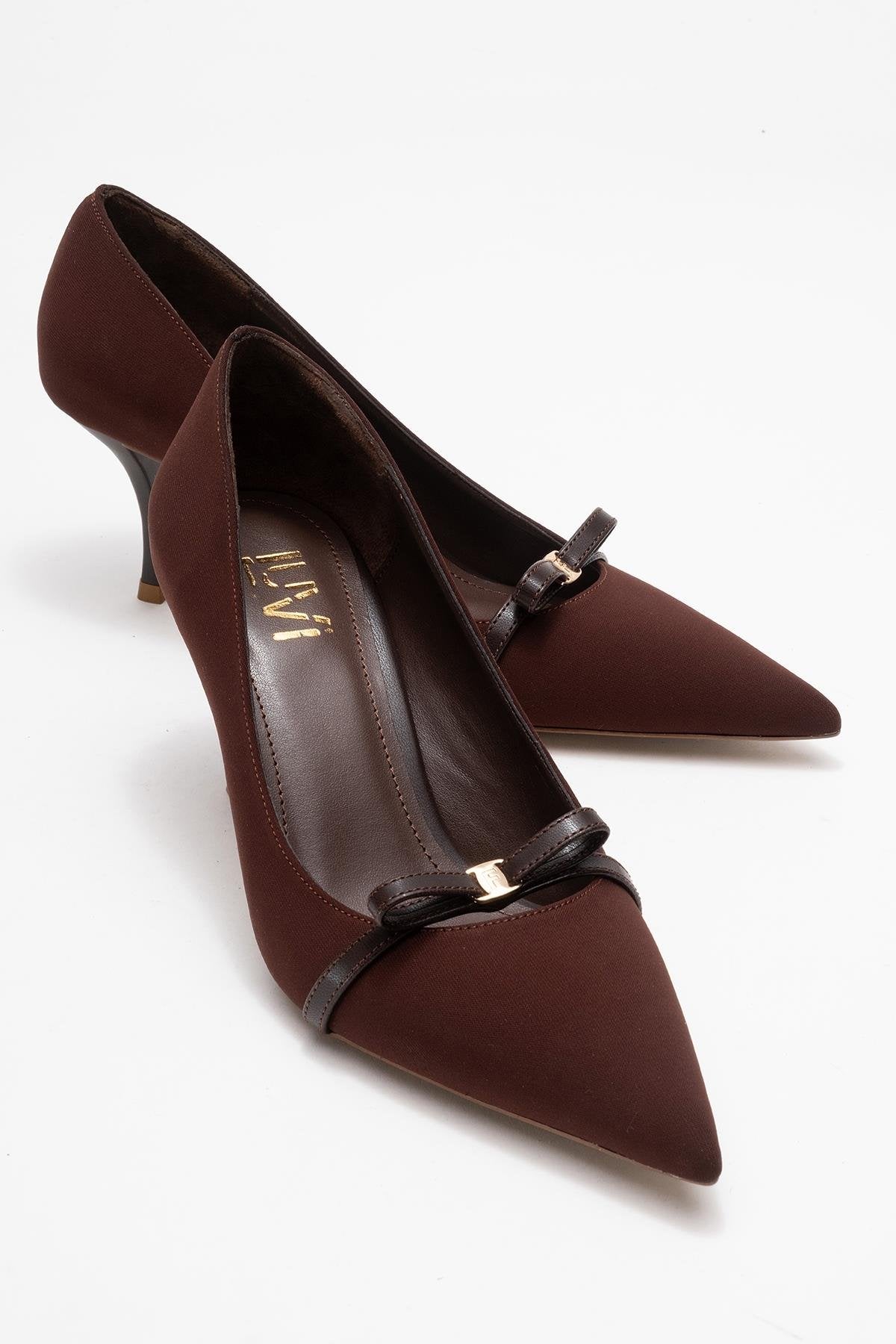 Annie - Brown Bow Heeled Shoe – front three-quarter view showing bow, leather, SimmiUnique