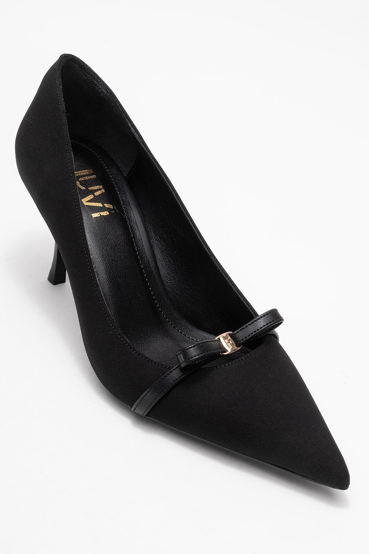 Annie - Black Bow Heeled Shoe – detail view showing bow, leather, black, SimmiUnique