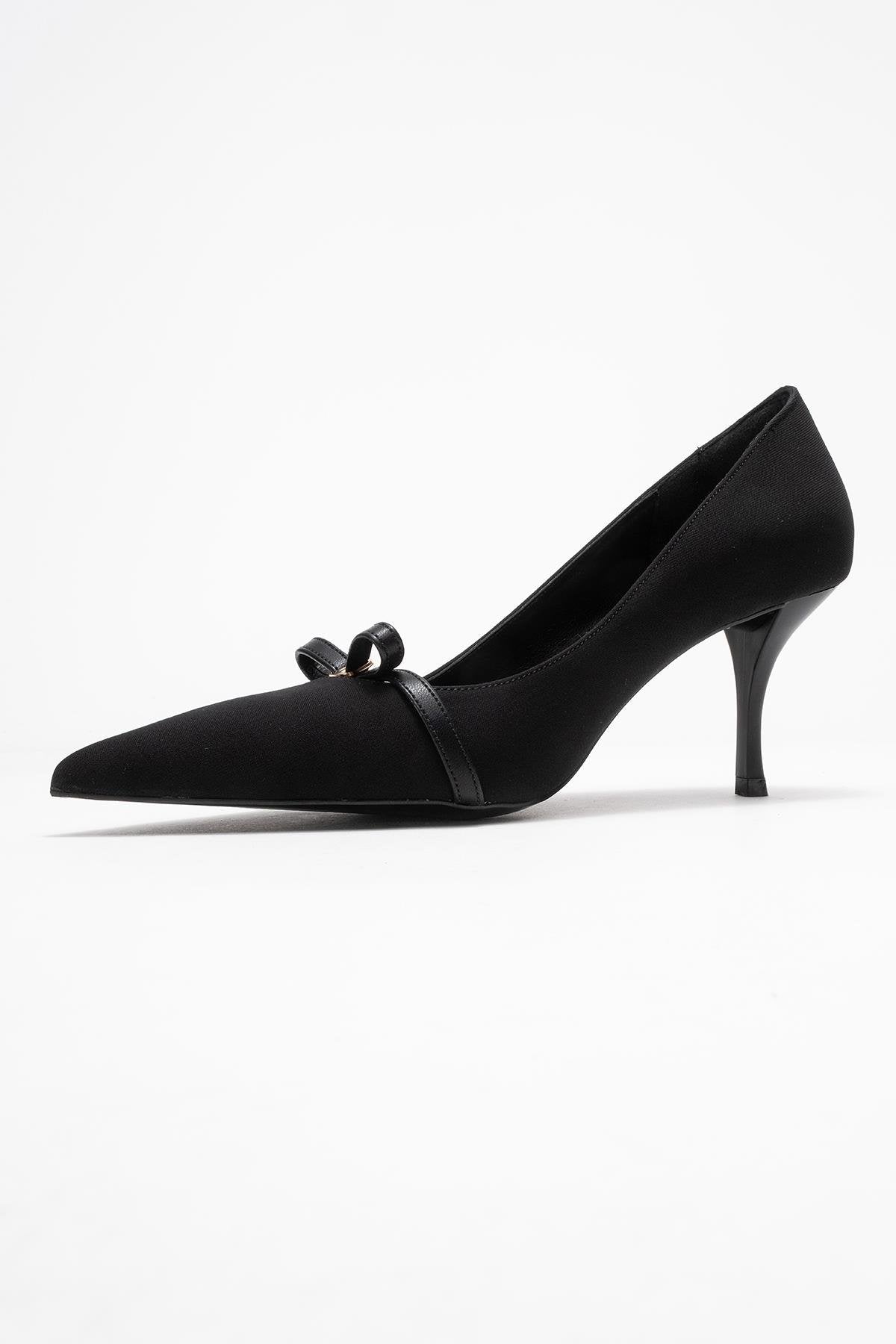 Annie - Black Bow Heeled Shoe – heel view showing bow, leather, black, SimmiUnique