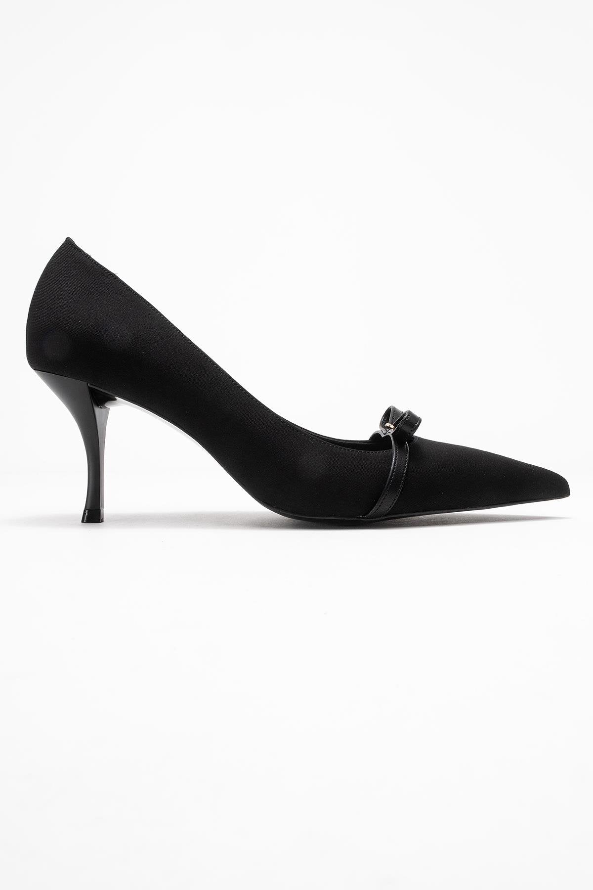 Annie - Black Bow Heeled Shoe – top view showing bow, leather, black, SimmiUnique