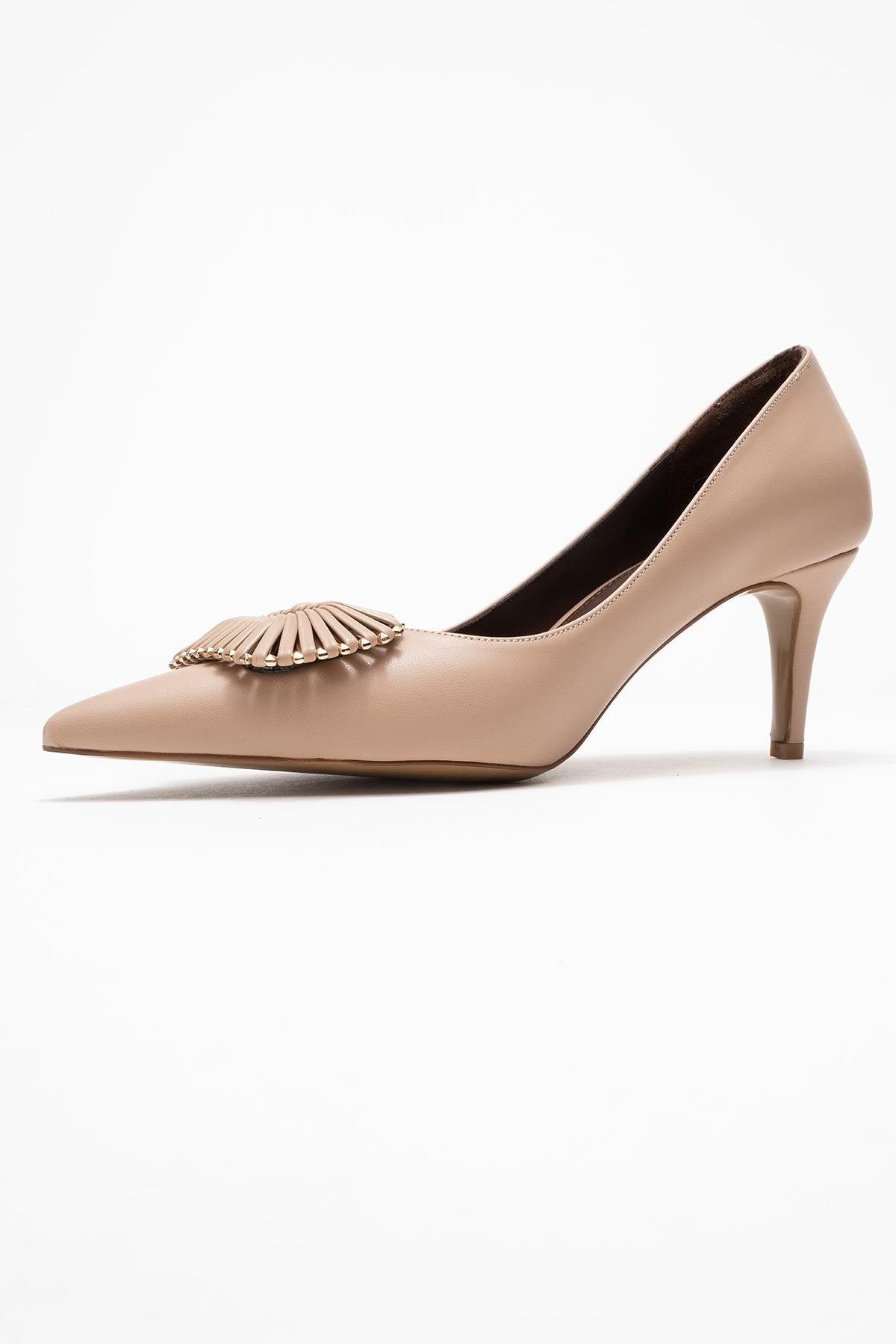 Great - Beige Brown Buckle Heeled Shoe – heel view showing leather, SimmiUnique
