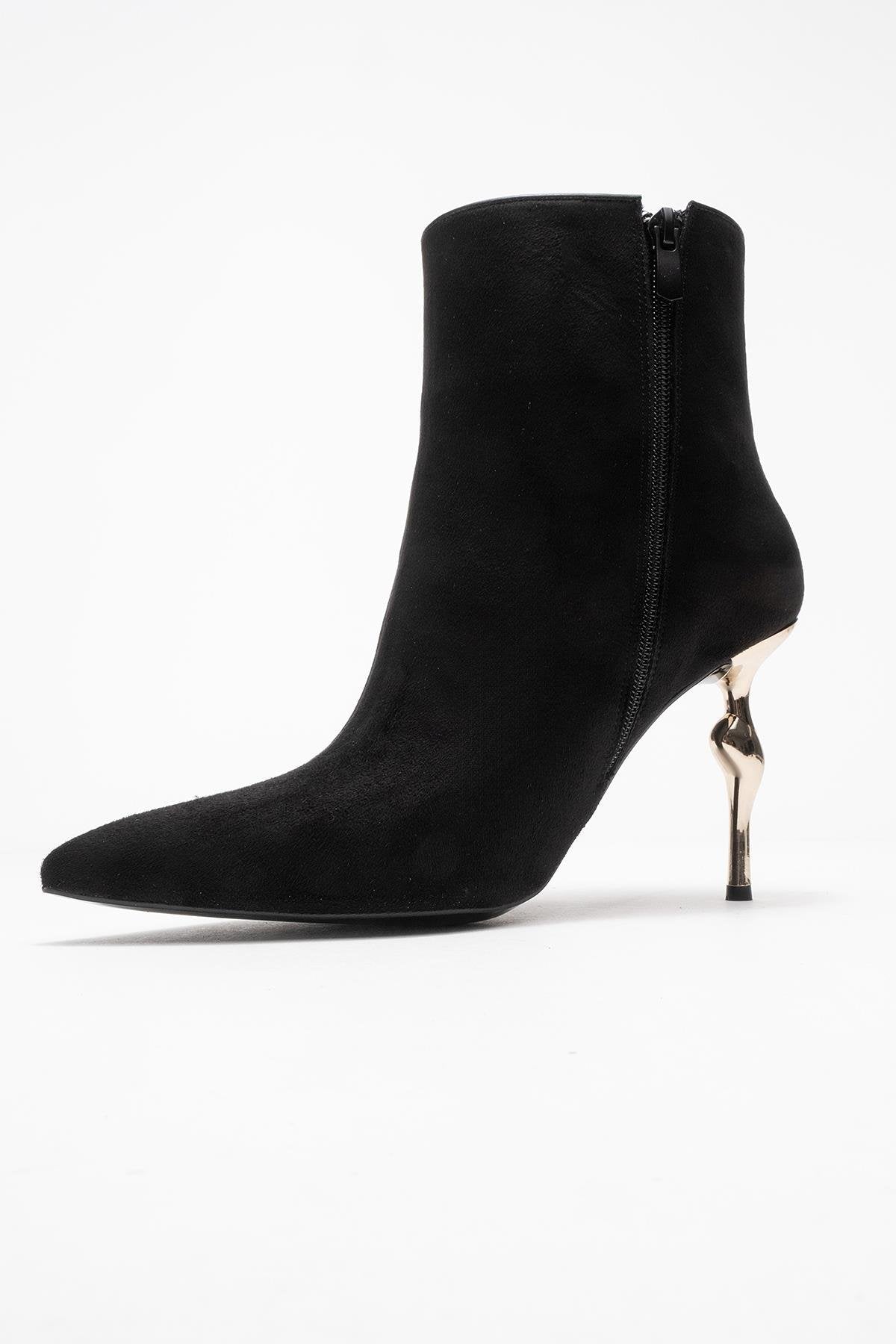 Crista - Black Pointed Toe Heeled Boot – heel view showing suede, black, SimmiUnique