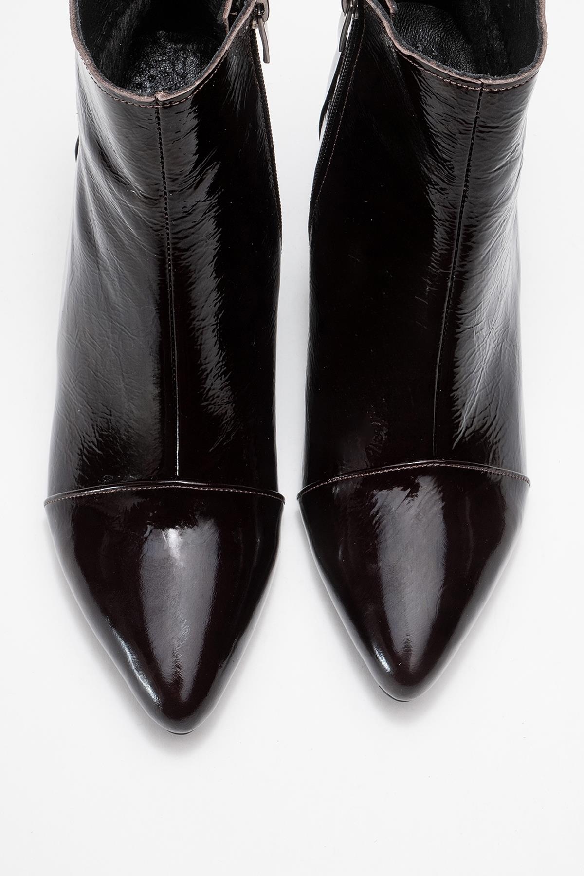 Gael - Dark Brown Patent Genuine Leather Block Heel Ankle Boot – side view showing leather, red, SimmiUnique