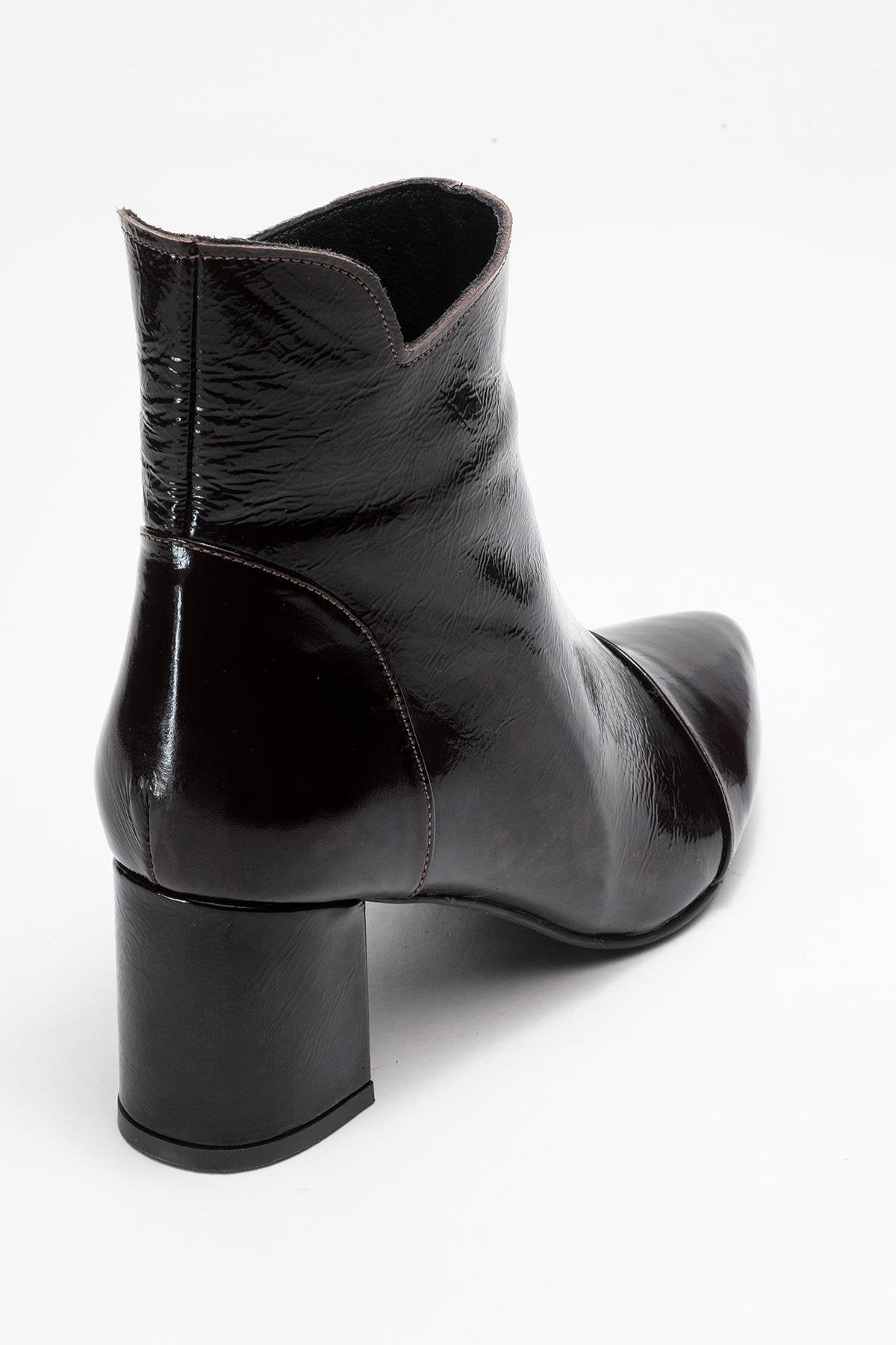 Gael - Dark Brown Patent Genuine Leather Block Heel Ankle Boot – back view showing leather, red, SimmiUnique