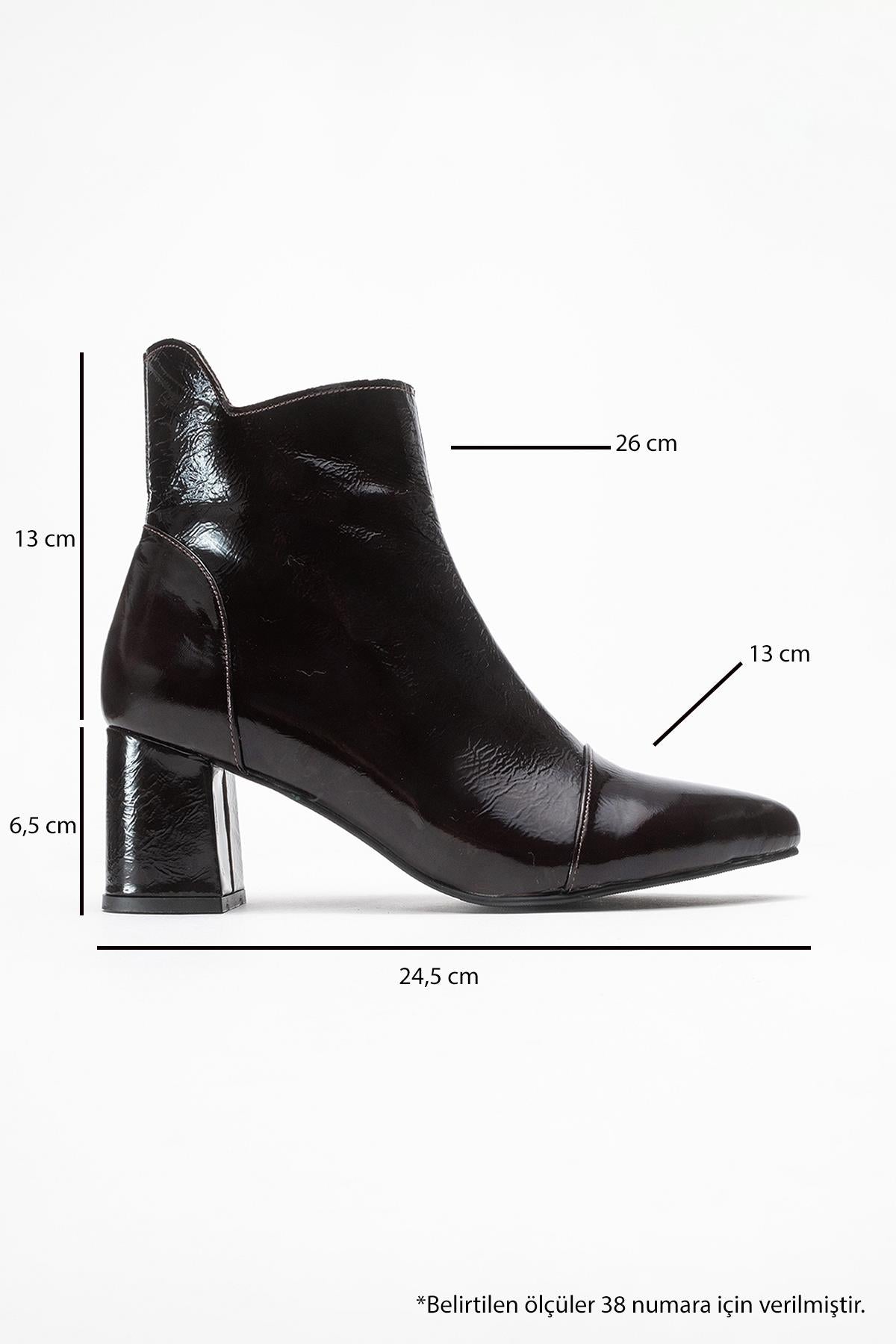 Gael - Dark Brown Patent Genuine Leather Block Heel Ankle Boot – top view showing leather, red, SimmiUnique