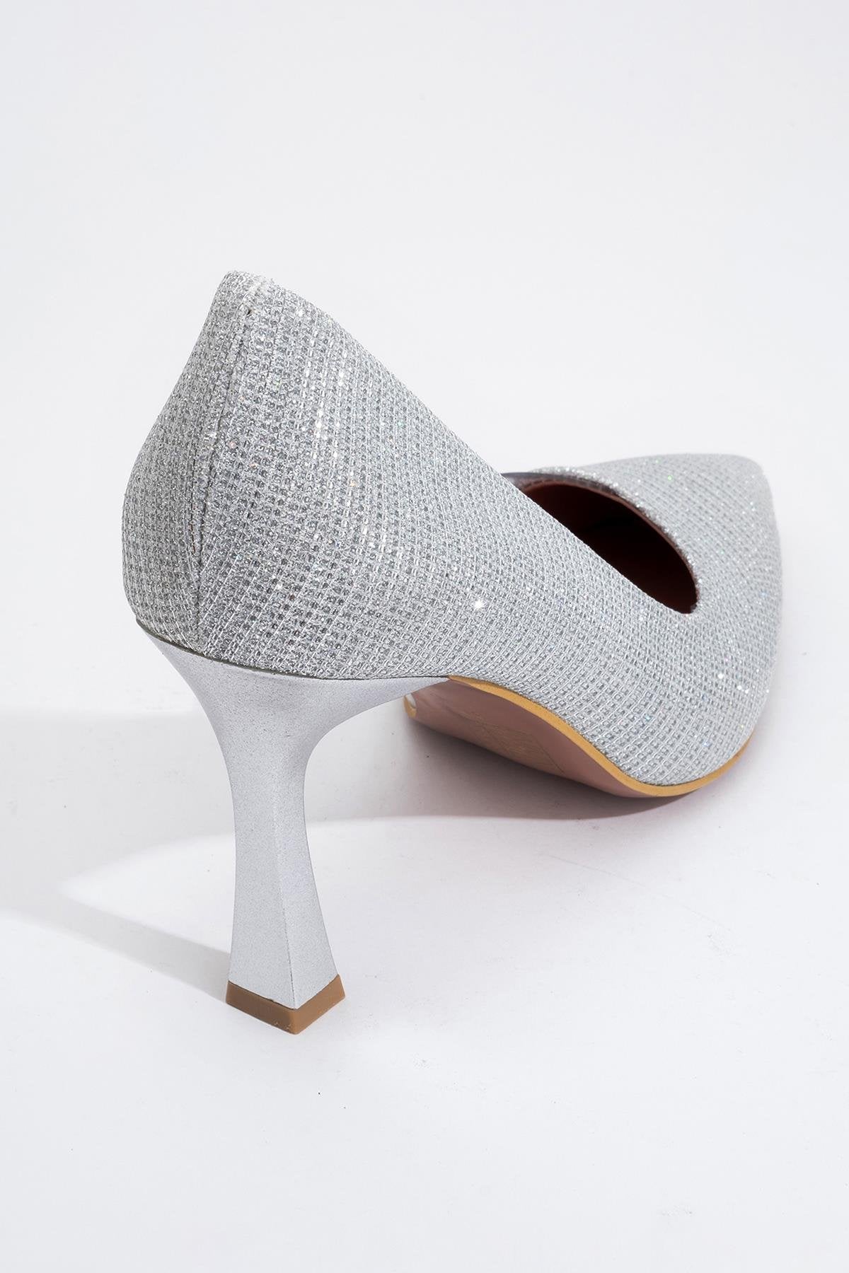 Ursula - Silver Metallic Heeled Shoe – detail view showing leather, metallic, silver, SimmiUnique