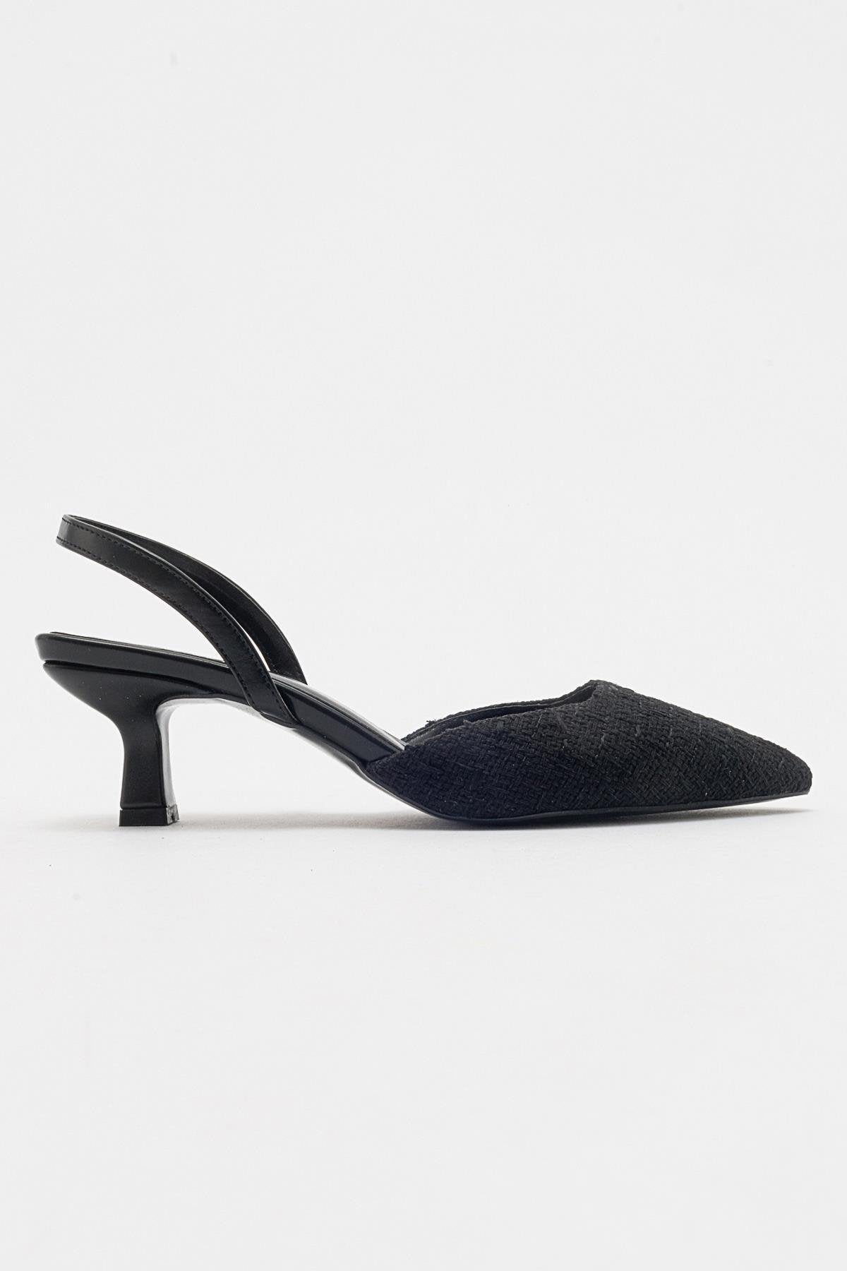 Over - Black Tweed Pointed Toe Low Heel Shoe – top view showing leather, black, SimmiUnique