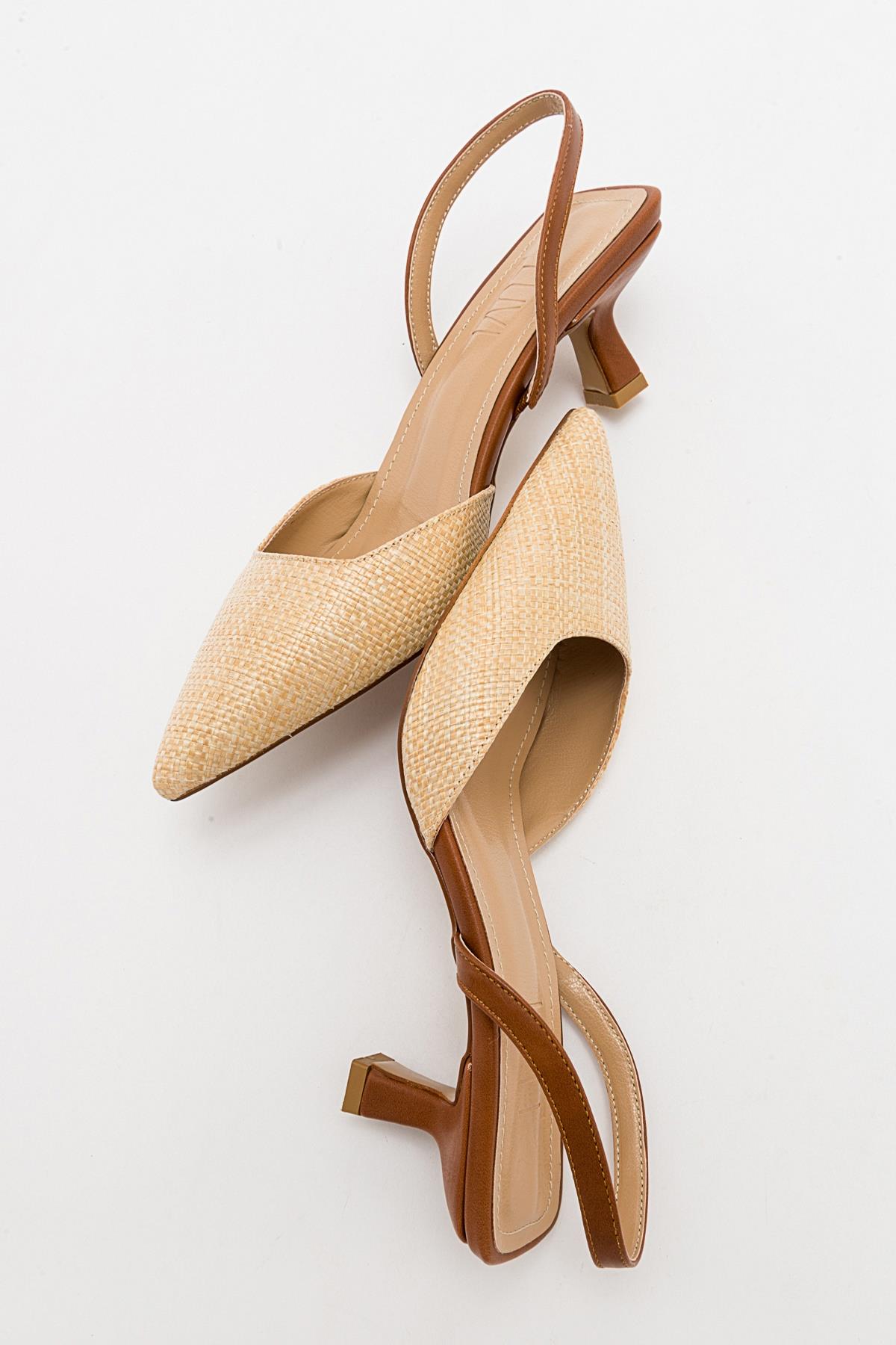 Over - Beige/Tan Pointed Toe Low Heel Shoe – heel view showing leather, SimmiUnique