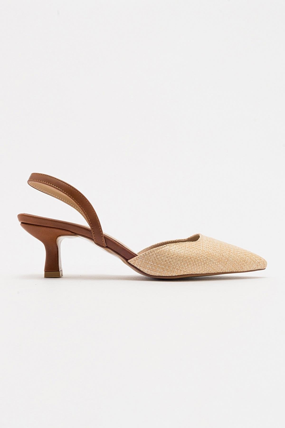 Over - Beige/Tan Pointed Toe Low Heel Shoe – top view showing leather, SimmiUnique