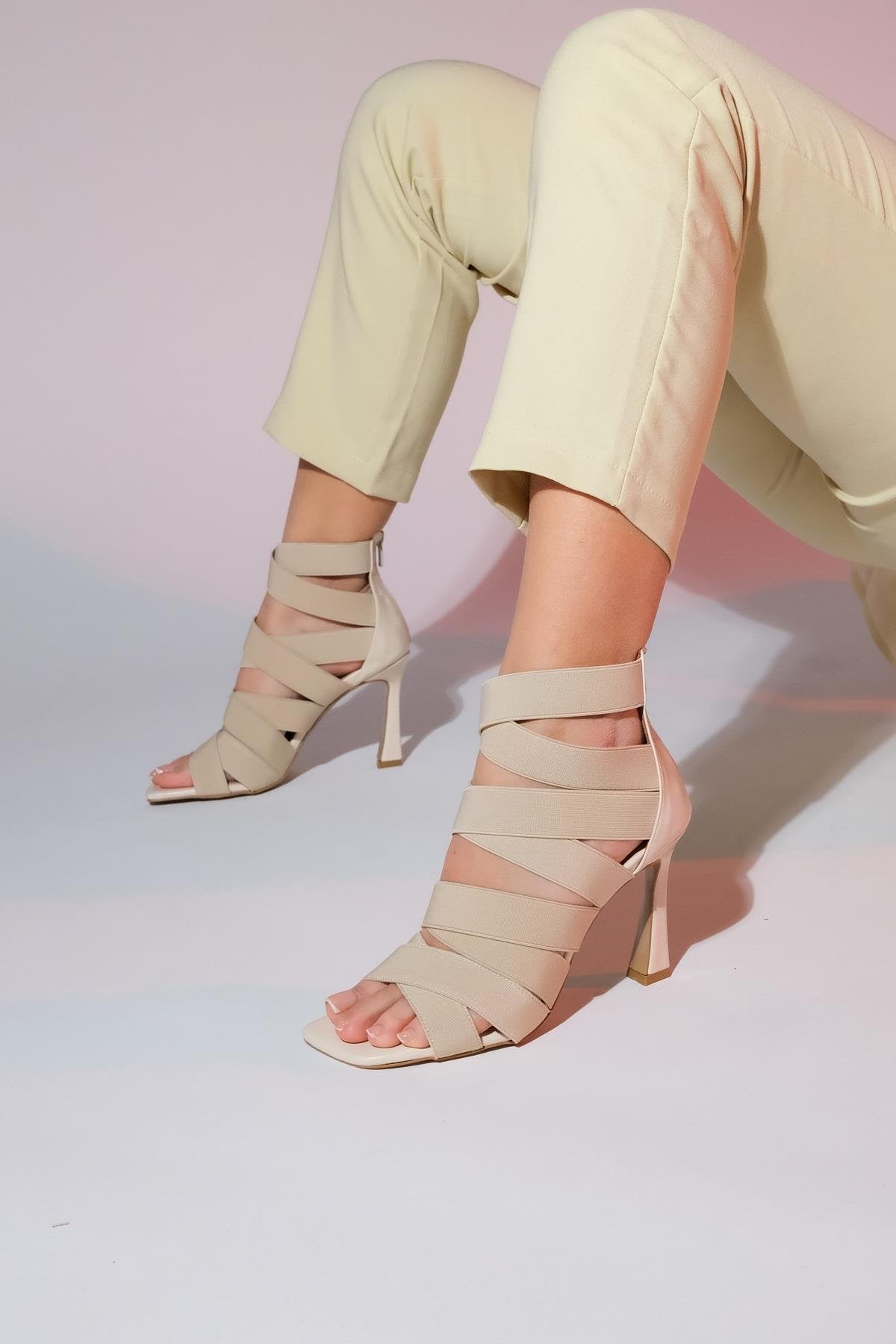 Vejle - Beige Open-Toe Stiletto – back view showing leather, SimmiUnique