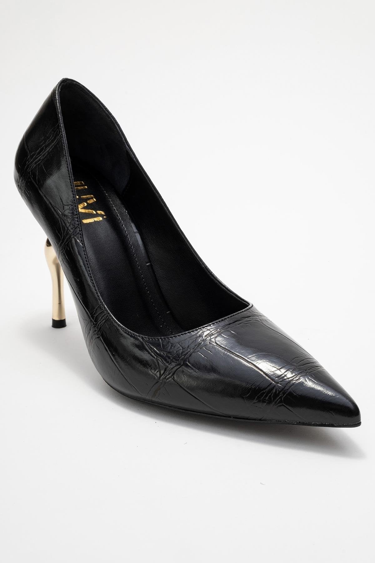 Hudson - Black Stiletto Heel Shoe – detail view showing leather, black, SimmiUnique