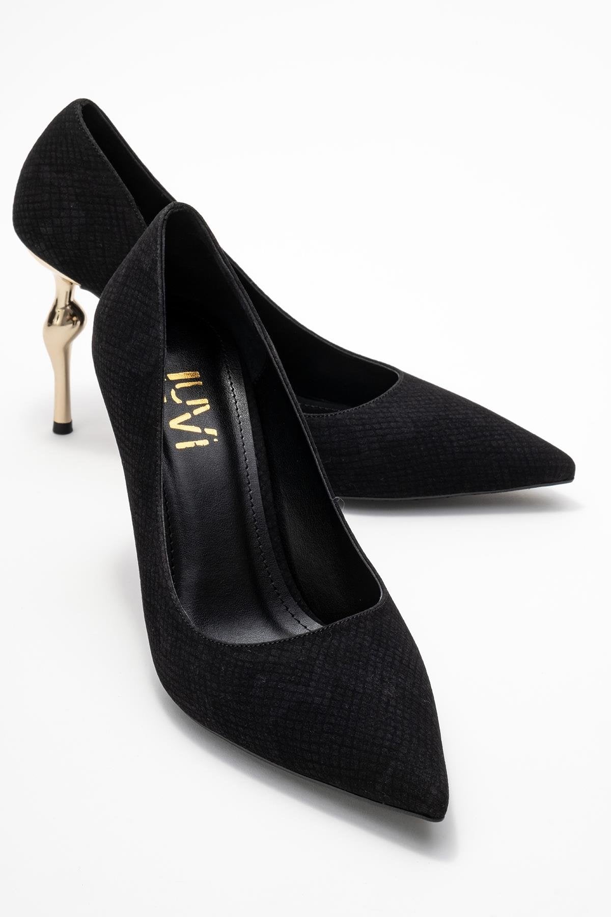 Hudson - Black Patterned Pump – front three-quarter view showing leather, metallic, black, SimmiUnique