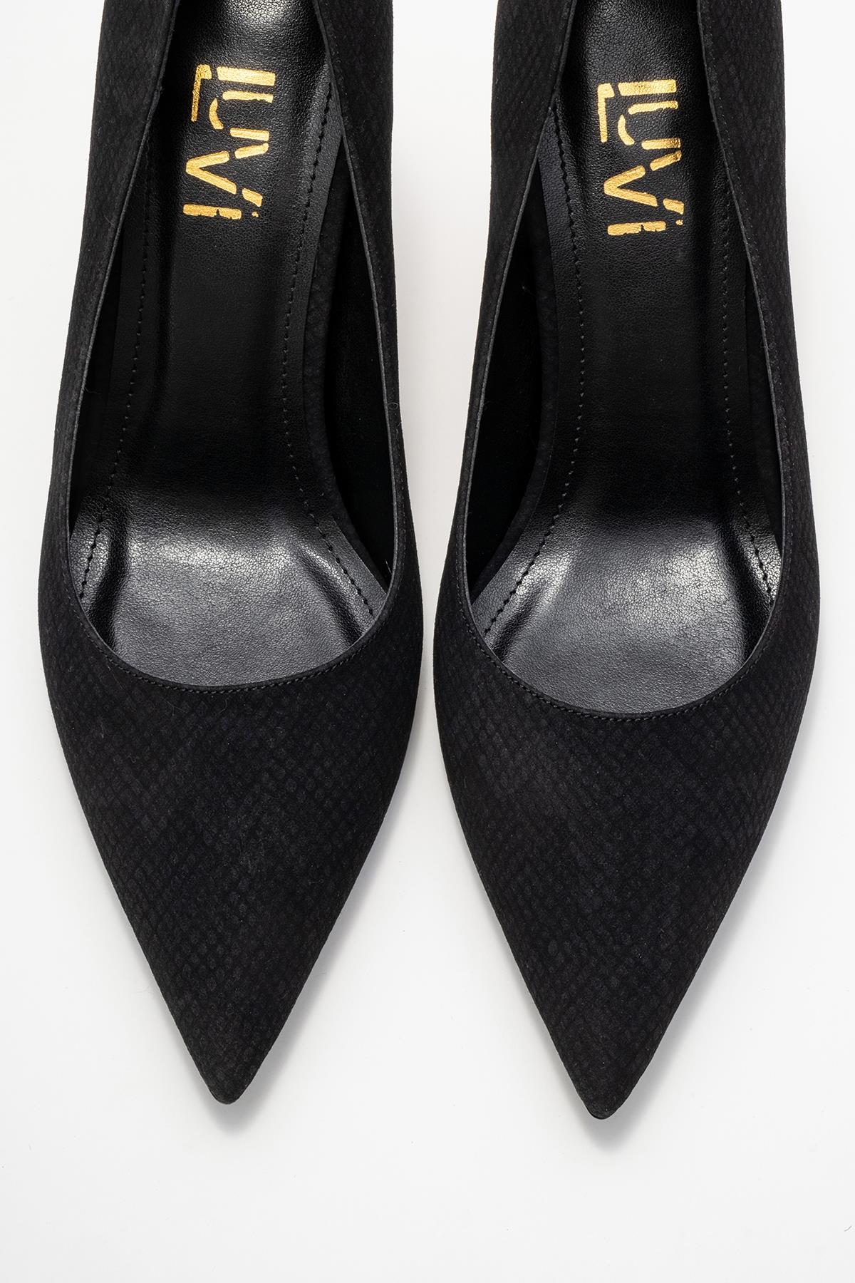 Hudson - Black Patterned Pump – side view showing leather, metallic, black, SimmiUnique